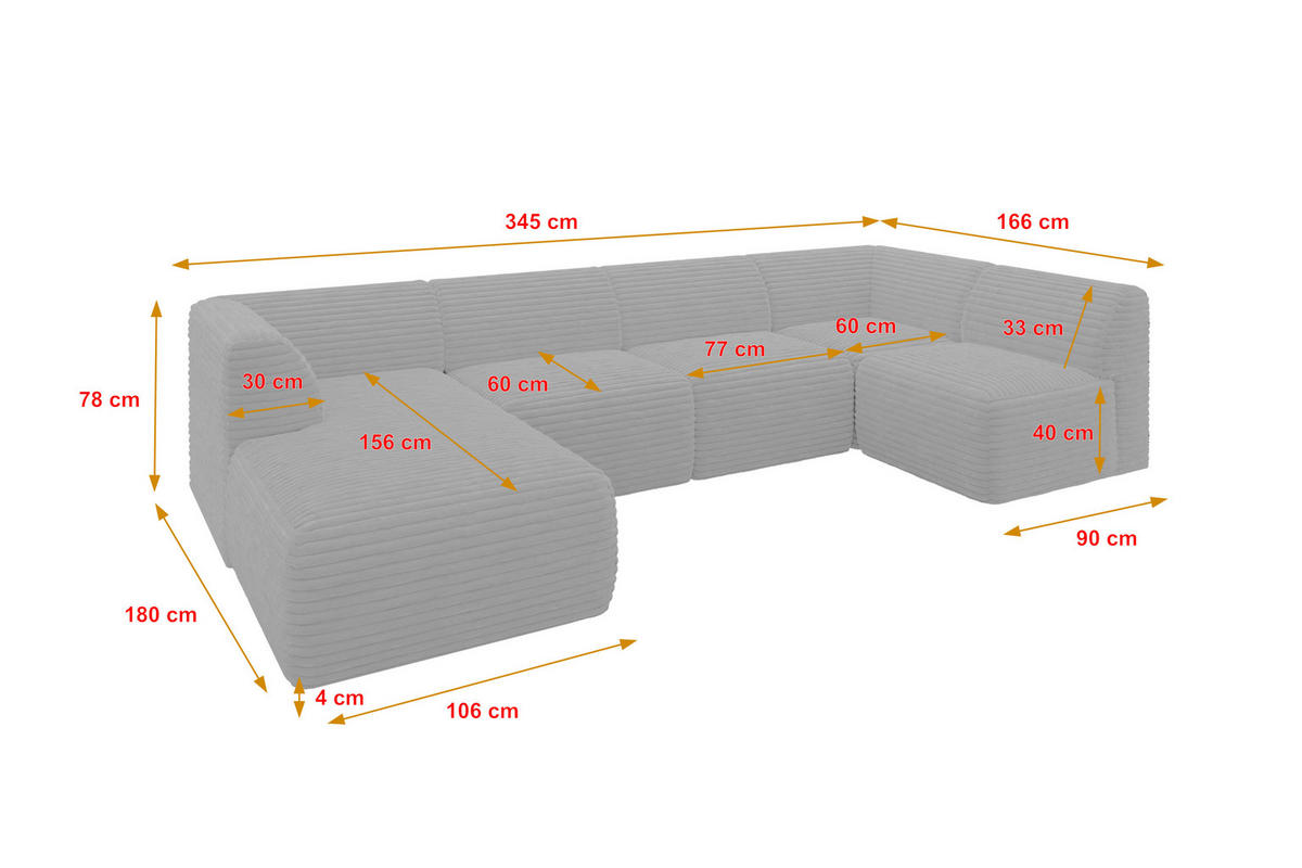 WOHNLANDSCHAFT Ottomane Links MOVO-L 345x180x78 cm Grau Cord - Graphitfarben, Holzwerkstoff/Kunststoff (345/78/180cm) - ALTDECOR