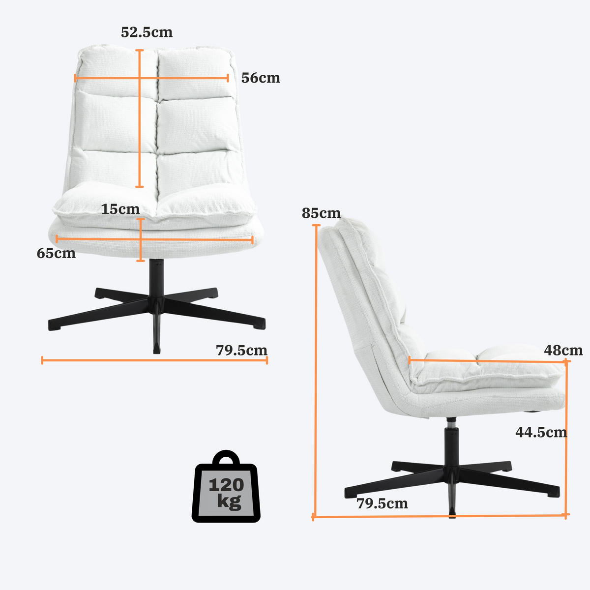 DREHSESSEL 360° Weiß, Gepolstert, Stoffbezug, Klappbare Rückenlehne - Weiß, Metall (65/85/79.5cm) - Meubles Cosy