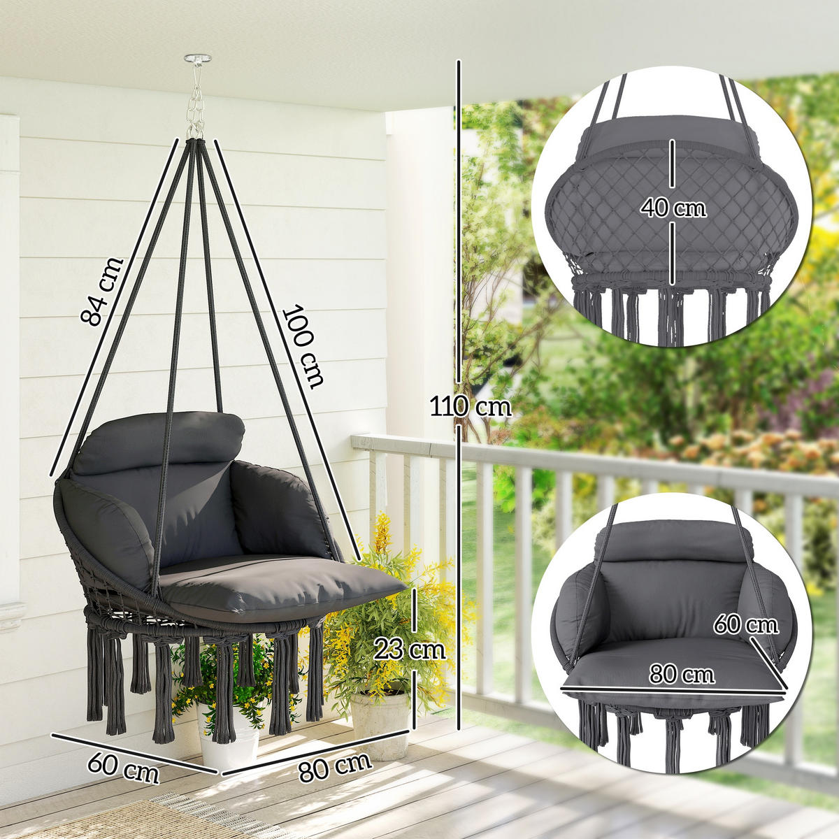 HÄNGESESSEL DE-15321 80/60/40 cm mit Polster und Fransen Dunkelgrau - Dunkelgrau, Metall (60/40/80cm) - ComfortXL