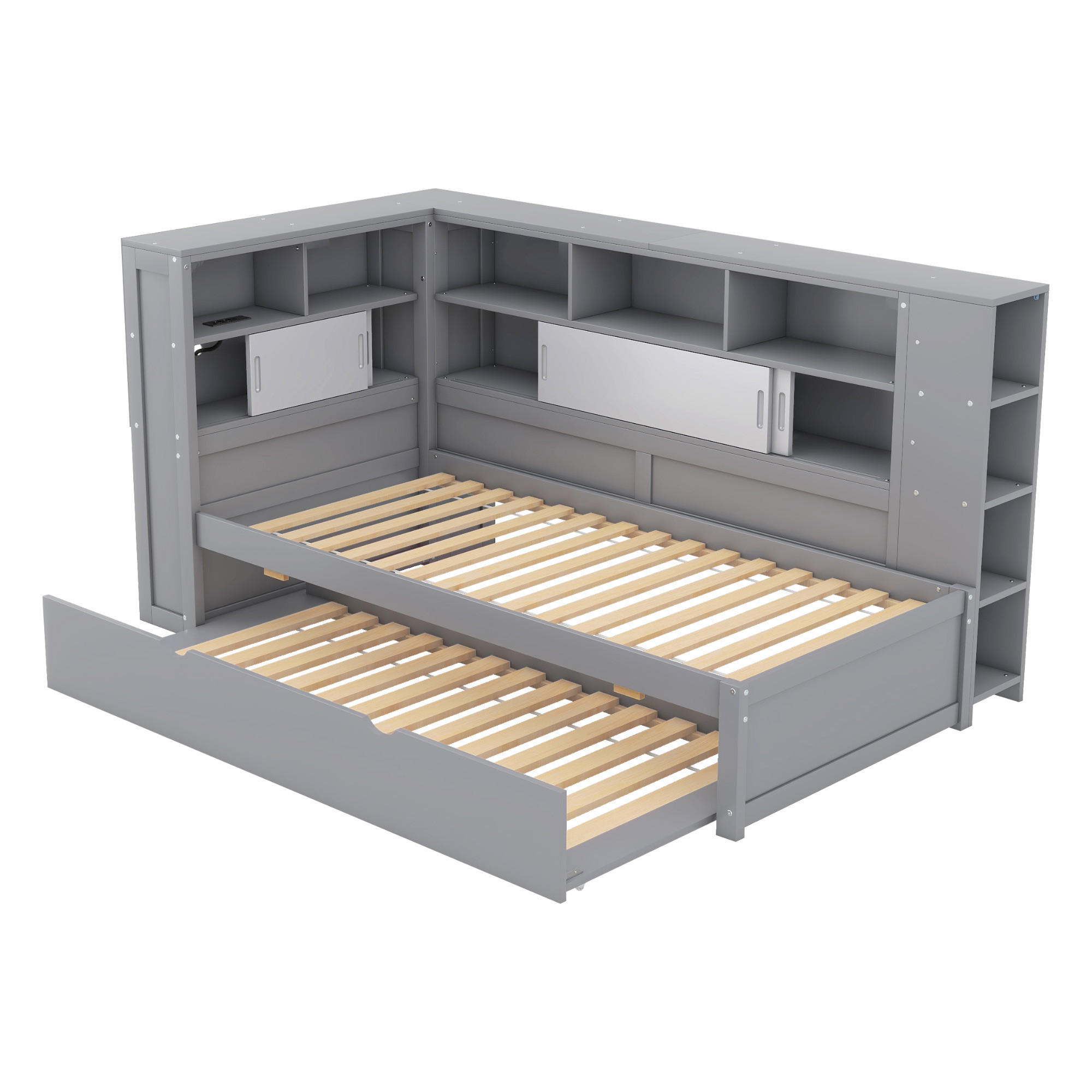 TAGEBETT 90x200cm Grau Spanplatte Kinderbett Ausziehbett Staufach USB - Grau, Holz (90/200cm) - FLIEKS