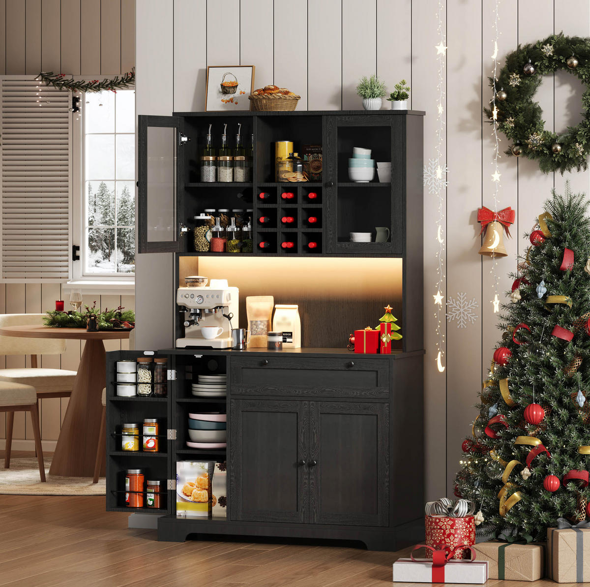 BUFFETSCHRANK aus MDF 40x105x180 cm Schwarz mit LED-Beleuchtung, Steckdosenleiste, Weinregal und verstellbaren Einlegeböden - Schwarz, Holzwerkstoff (105/180/40cm) - Modfu