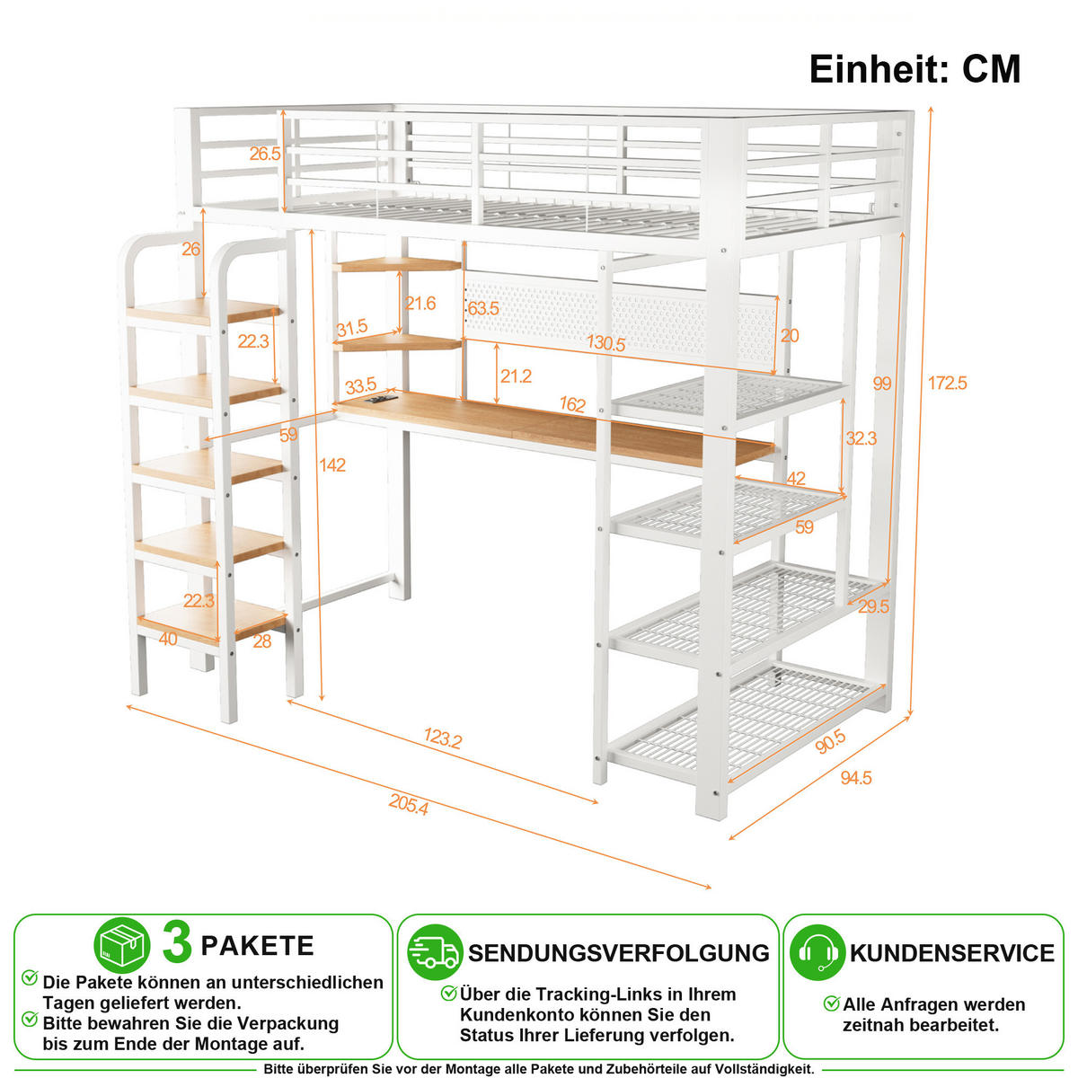 HOCHBETT 90/200 cm in Weiß mit LED, Steckdose, Schreibtisch und Ablagefächern aus Metall und Holz - Weiß, Holzwerkstoff/Metall (90/200cm) - CHICFURN