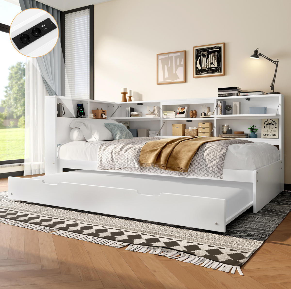 POLSTERBETT aus Kiefernholz & MDF 90x190/200 cm in Weiß mit Ausziehbett & USB-C - Weiß, Holzwerkstoff (90/200cm) - Modfu