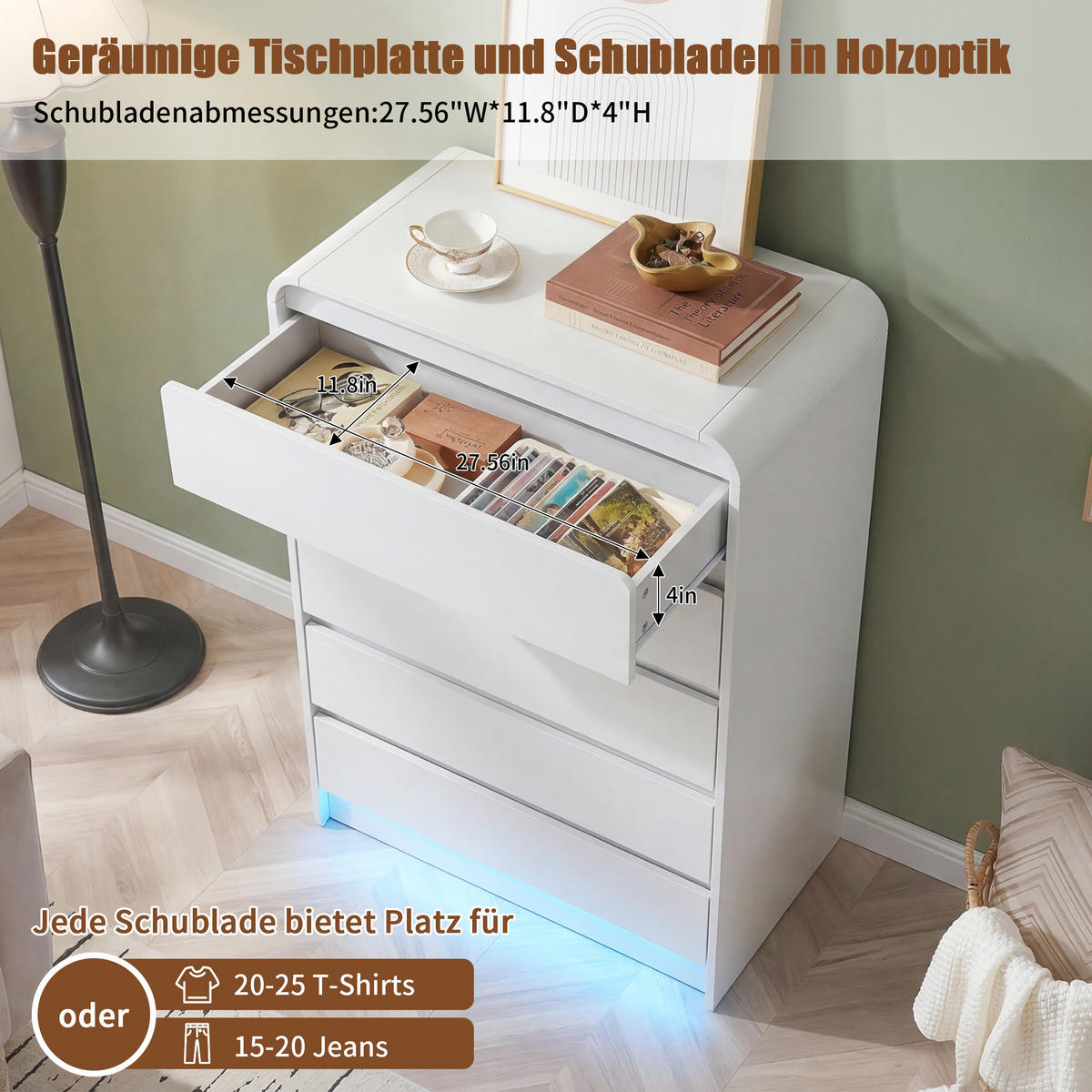 KOMMODE 5 Schubladen mit LED-Beleuchtung, Weiß,73x40x110 cm - Weiß, Holz (40/110/73cm) - PARAFTA HOME