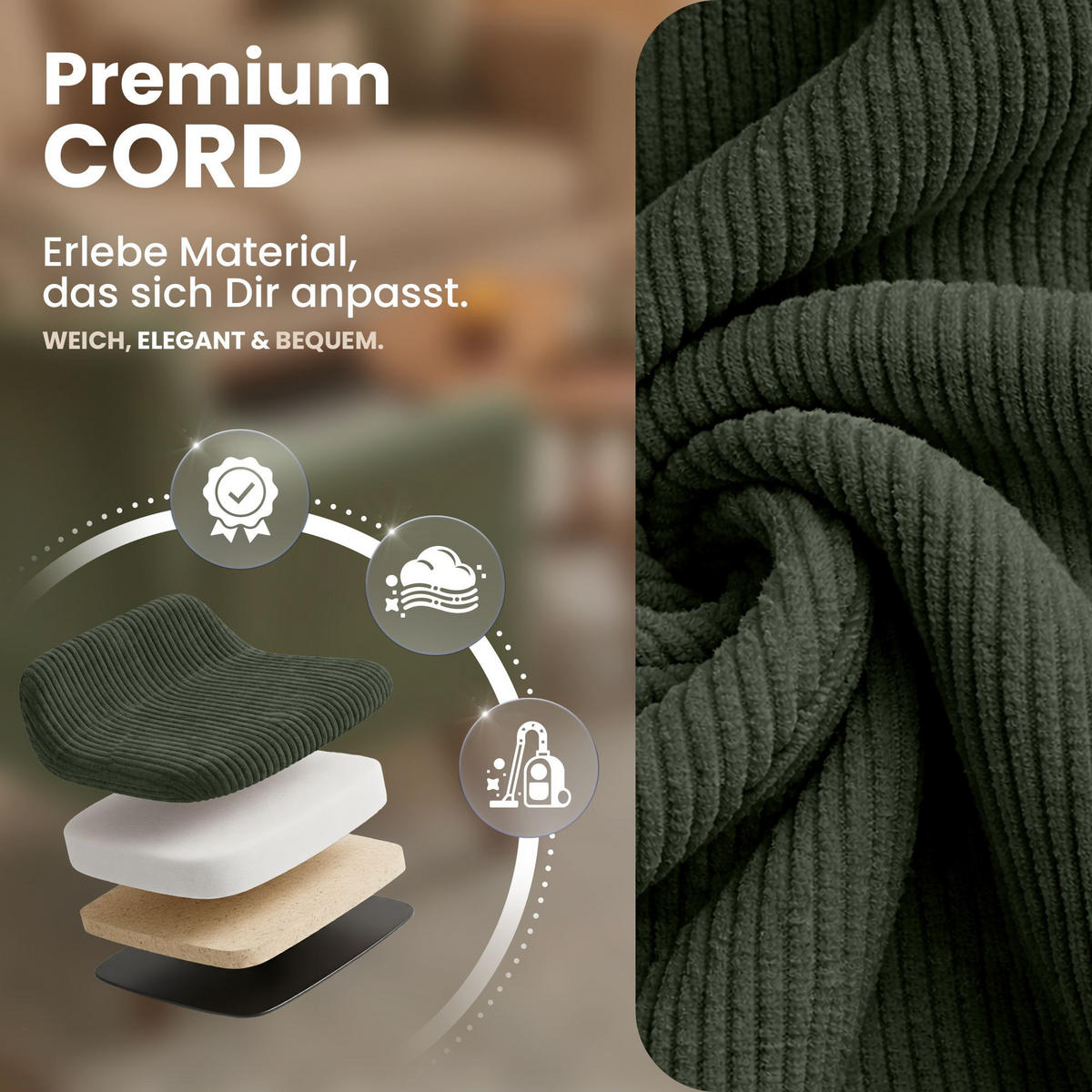 STUHL Cord Grün - Eukalyptusholzfarben/Grün, Holz/Textil (49/83/50cm) - CLP