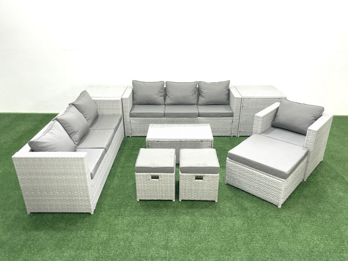 GARTENGARNITUR mit 3-SITZER SOFA,COUCHTISCH Polyrattan Hellgrau-Mix 10-Sitzer - Hellgrau/Grau, Glas/Kunststoff - Fimous