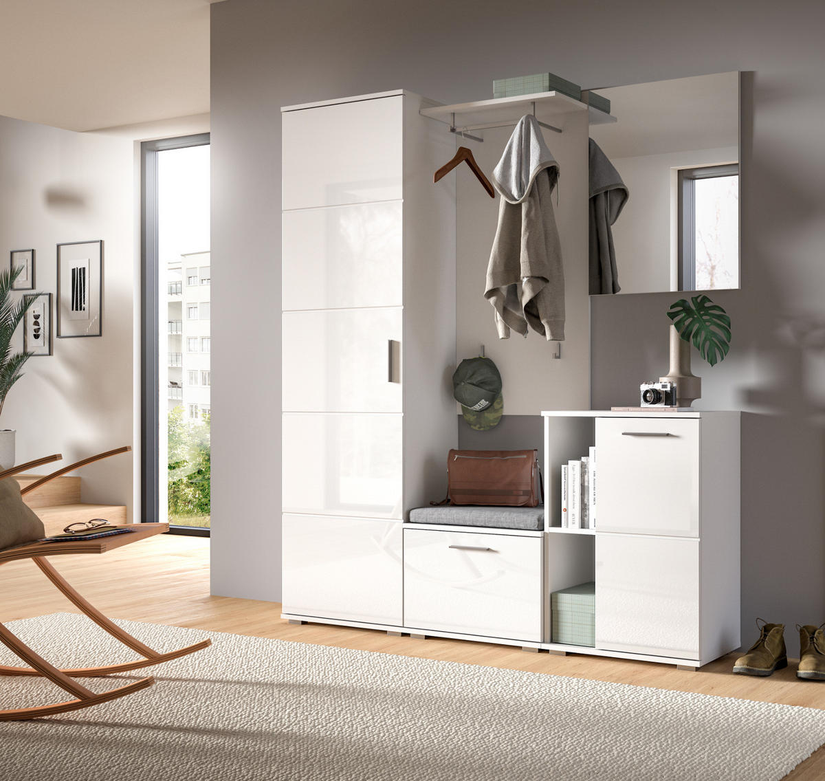 GARDEROBE Set weiß Hochglanz 2-teilig 55 cm, Kombination mit Spiegel - Weiß Hochglanz/Silberfarben, Glas/Holzwerkstoff (55/191/37cm) - Inn.Furn