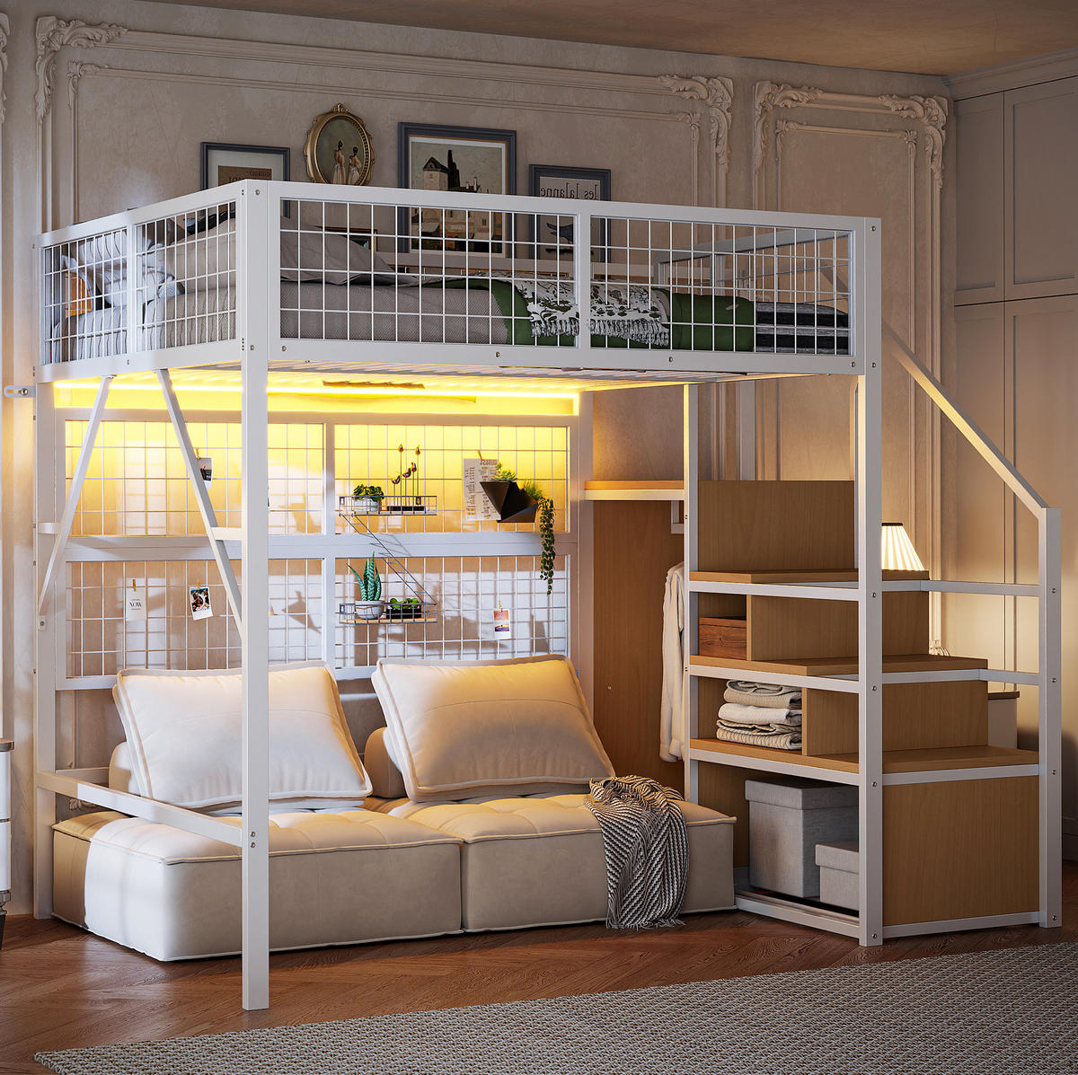 HOCHBETT 140/200 cm aus Metall/MDF mit Stauraumtreppe und App-gesteuerter LED-Beleuchtung Weiß - Weiß, Metall (140/200cm) - Modenvie