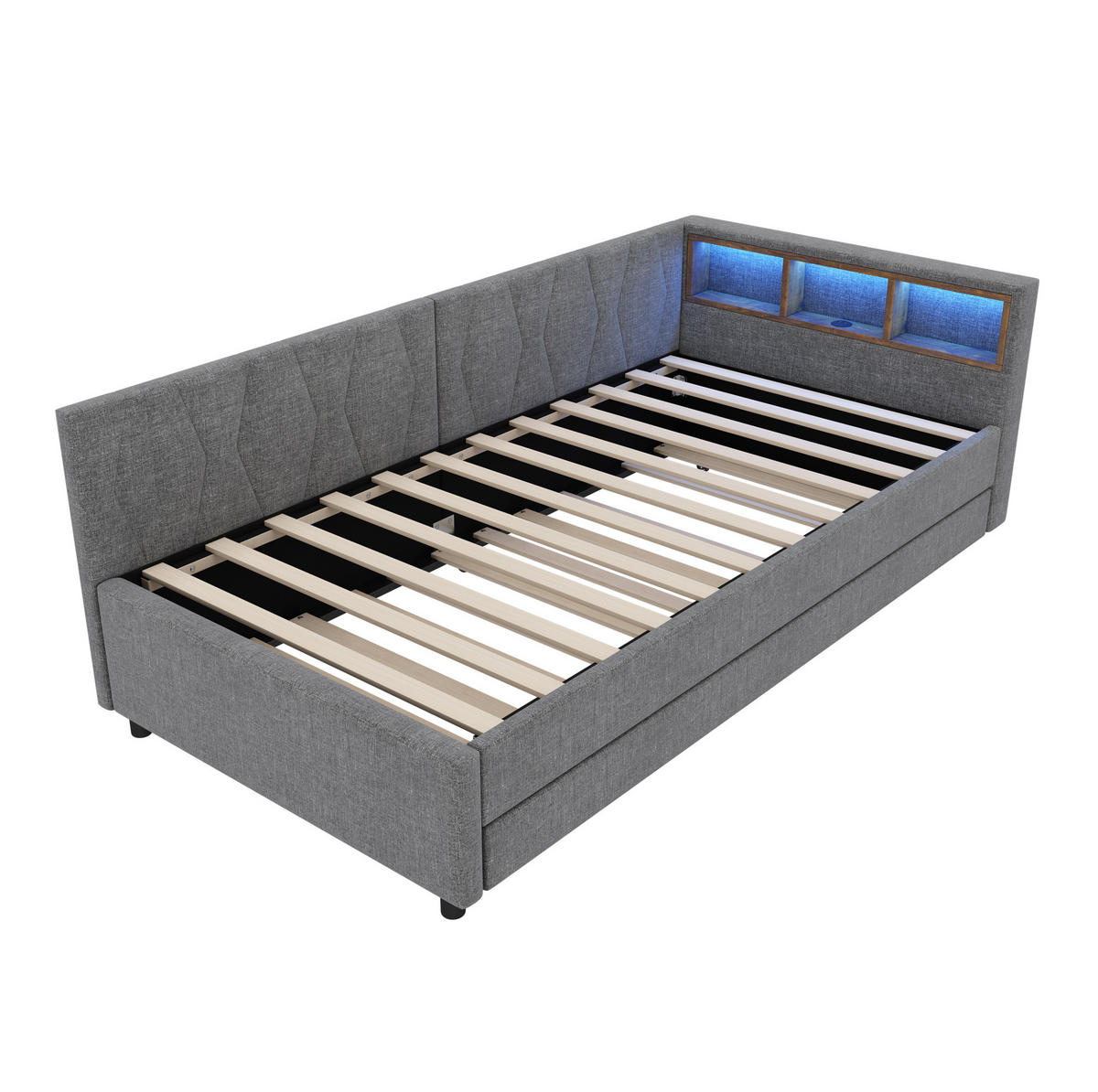 POLSTERBETT 90/200 cm Grau aus Leinen mit USB-Anschluss und LED-Lichtleiste - Grau, Textil (90/200cm) - OKMYHOME