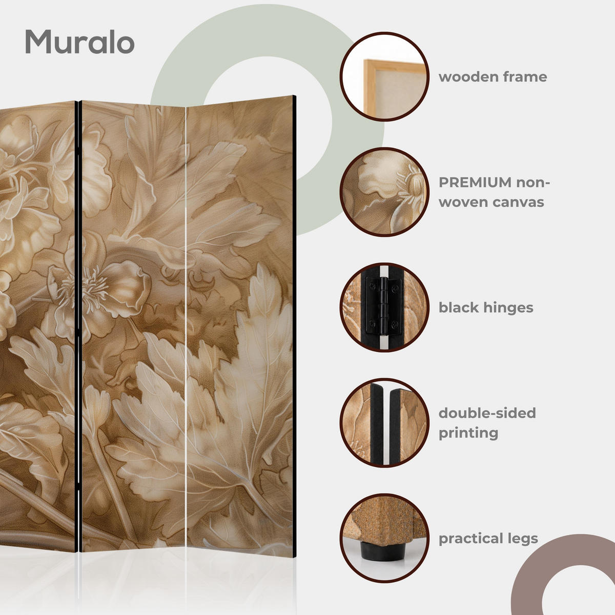 PARAVENT 5-tlg 225x172 cm Pusteblumen Boho - Grau, Holz/Textil (225/172/3cm) - Muralo