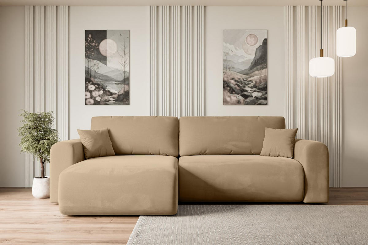 ECKSOFA mit Schlaffunktion und Bettkasten ORRO-L - 272x145x83 cm Beige Velours - Beige/Schwarz, Holzwerkstoff/Kunststoff (272/145cm) - ALTDECOR