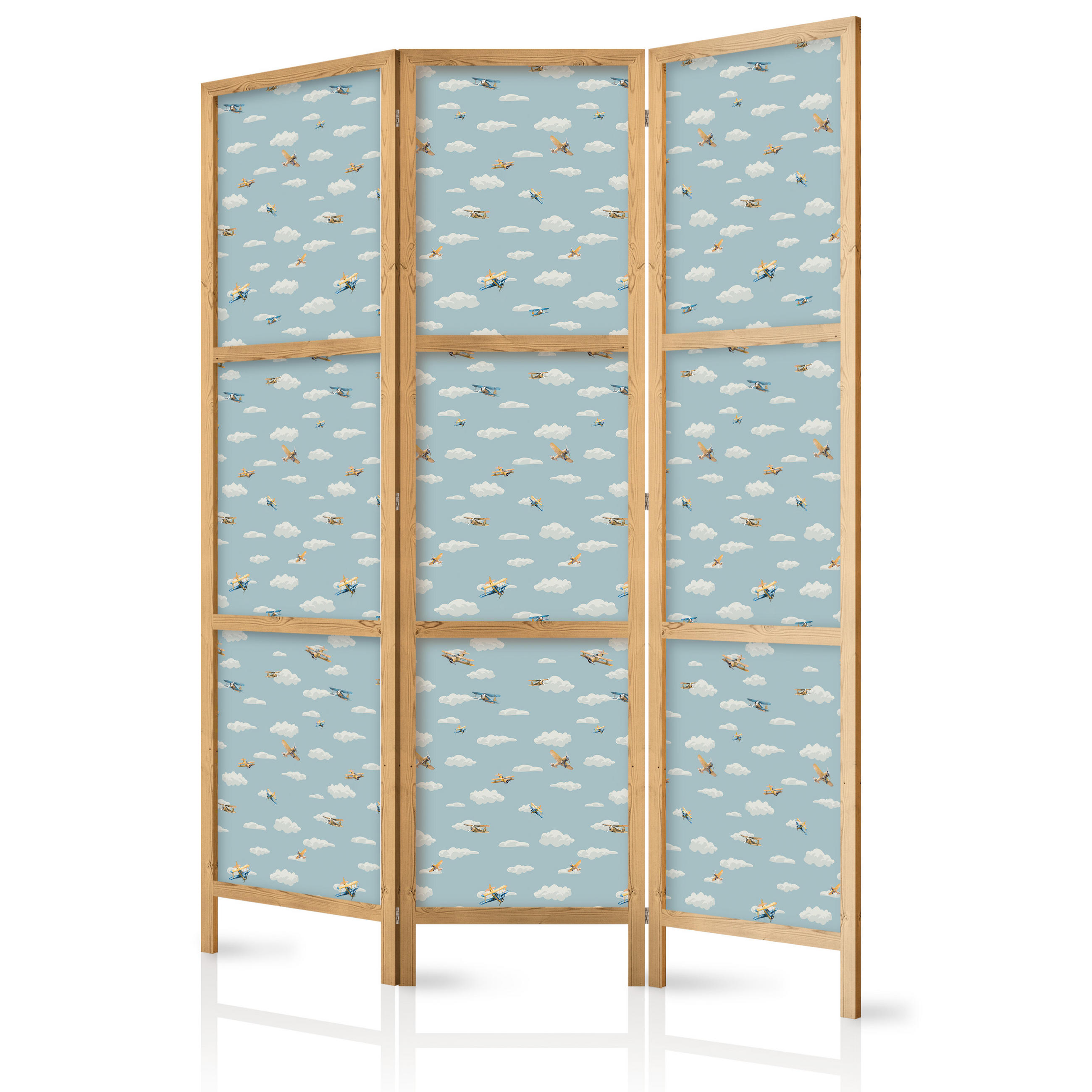 PARAVENT Japanischer 3-tlg 135x172 cm Flugzeuge Wolken - Blau, Holz/Textil (135/172/3cm) - Muralo