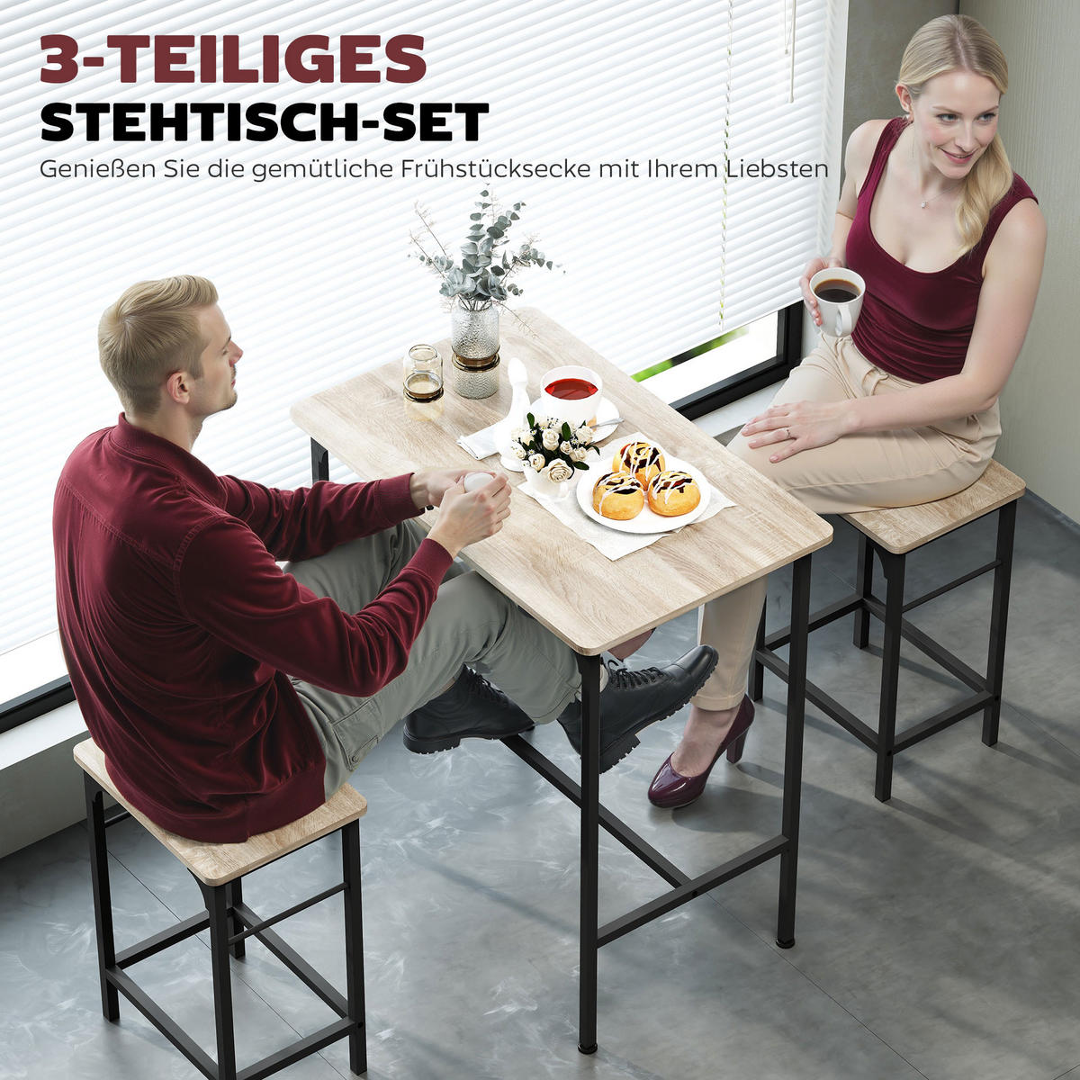 BARTISCH Set Bartisch mit Barhocker-Set, Naturholz - Naturfarben, Holz (80/87/50cm) - HOMCOM