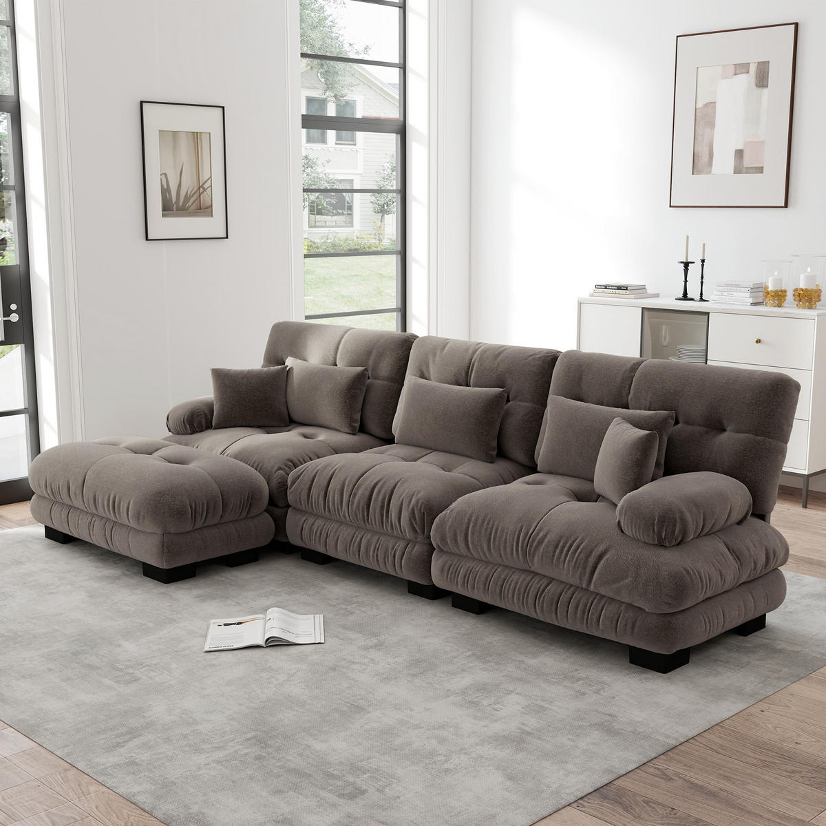 ECKSOFA Chenille Braun mit Ottomane und Kissen - Braun, Textil (313/145cm) - WISHDOR