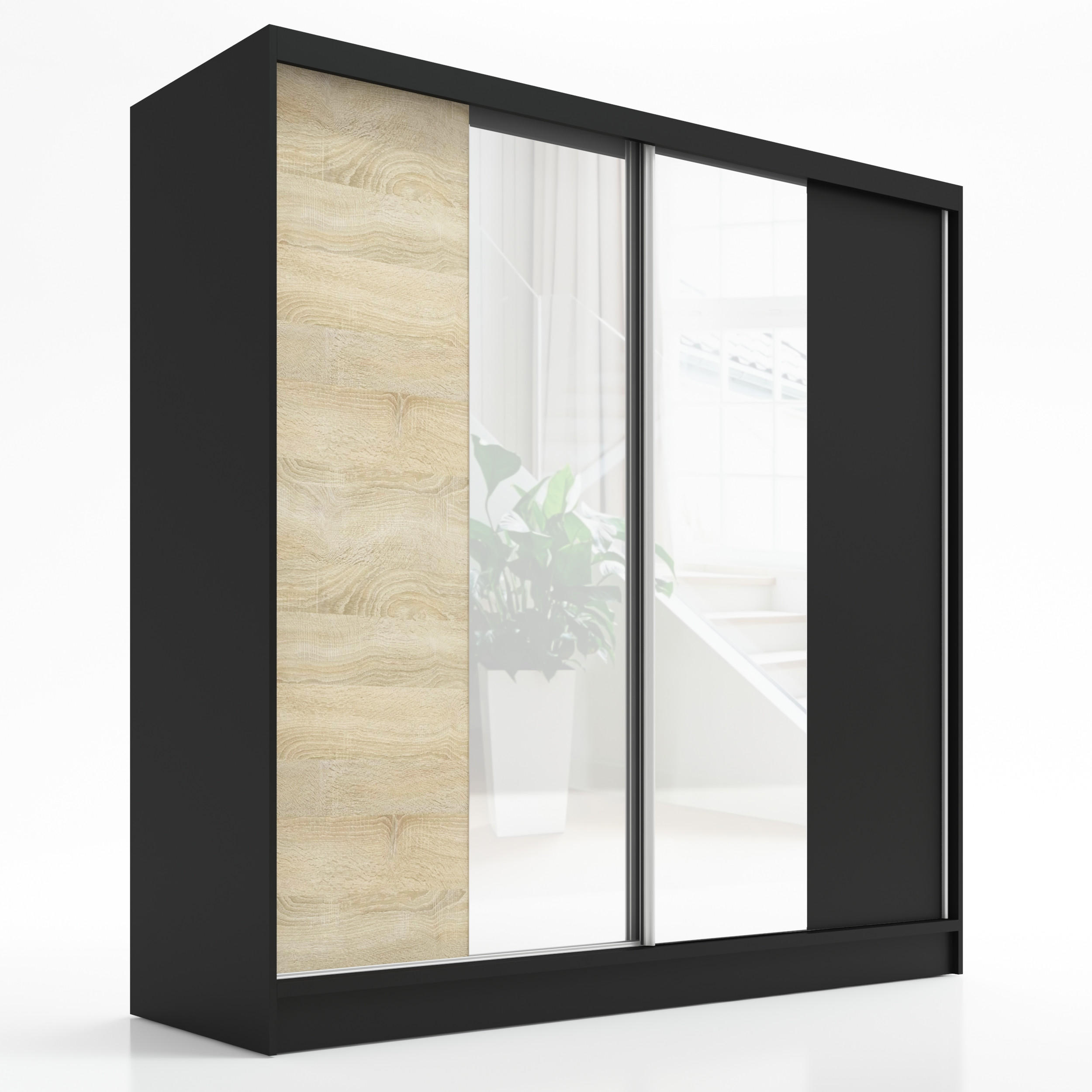A&J MöbelLand Schwebetürenschrank Schwarz, Braun, Schwarz 200x215x60 cm