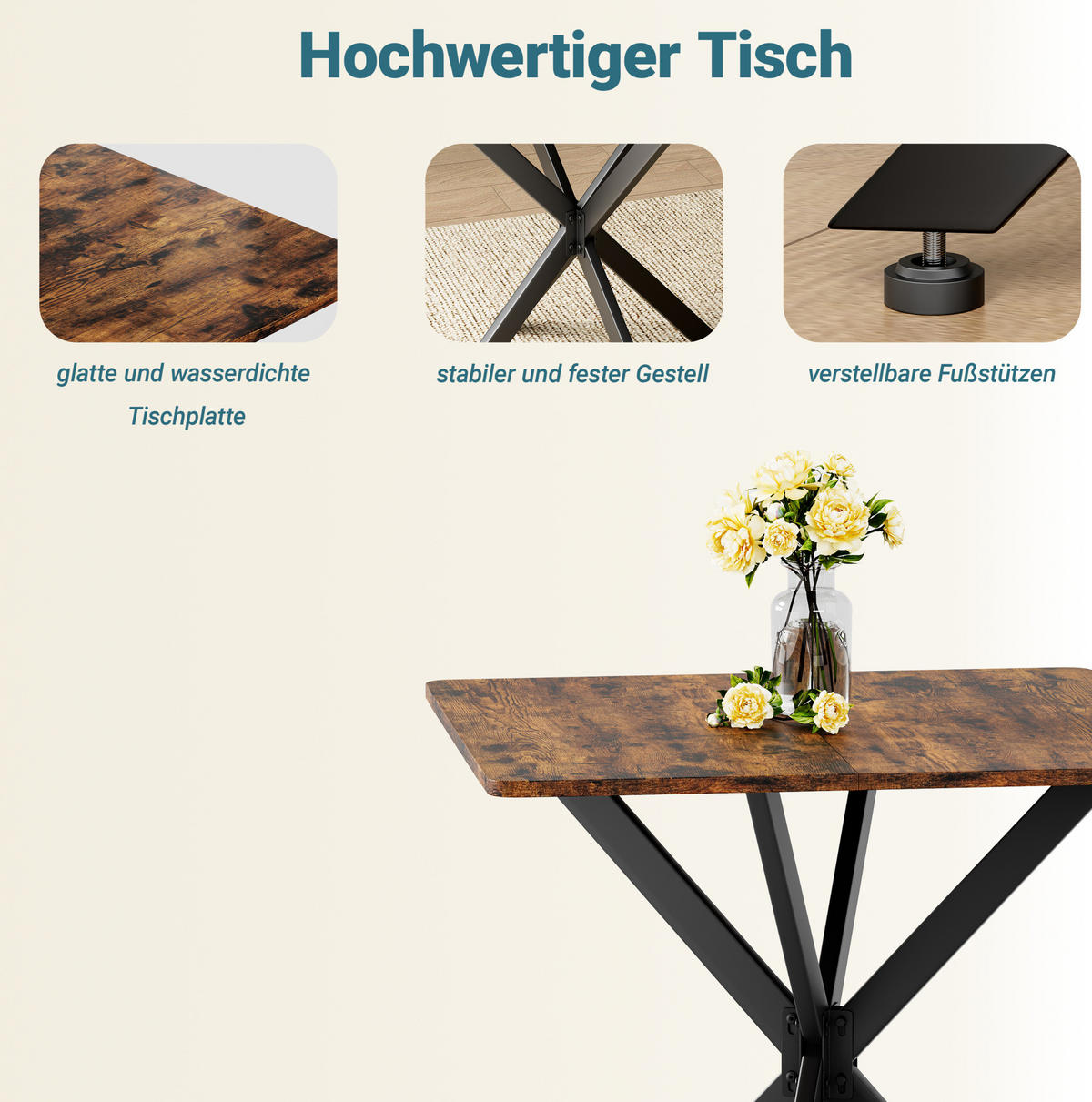 BEISTELLTISCH 80/80/75 cm mit X-Gestell und höhenverstellbaren Füßen in Holzoptik, Braun - Braun, Holzwerkstoff (80/80/75cm) - Redom
