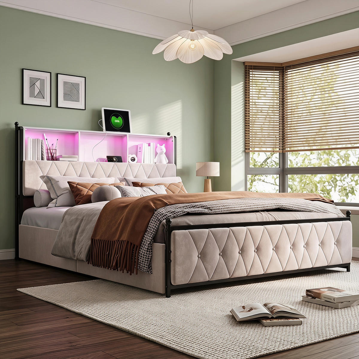 POLSTERBETT 160x200 cm mit USB- und LED-Kopfteil, Bett mit Stauraum und 4 Schubladen, Lattenrost, Samt, Beige - Beige, Holz/Metall (160/200cm) - GENKI LIVING