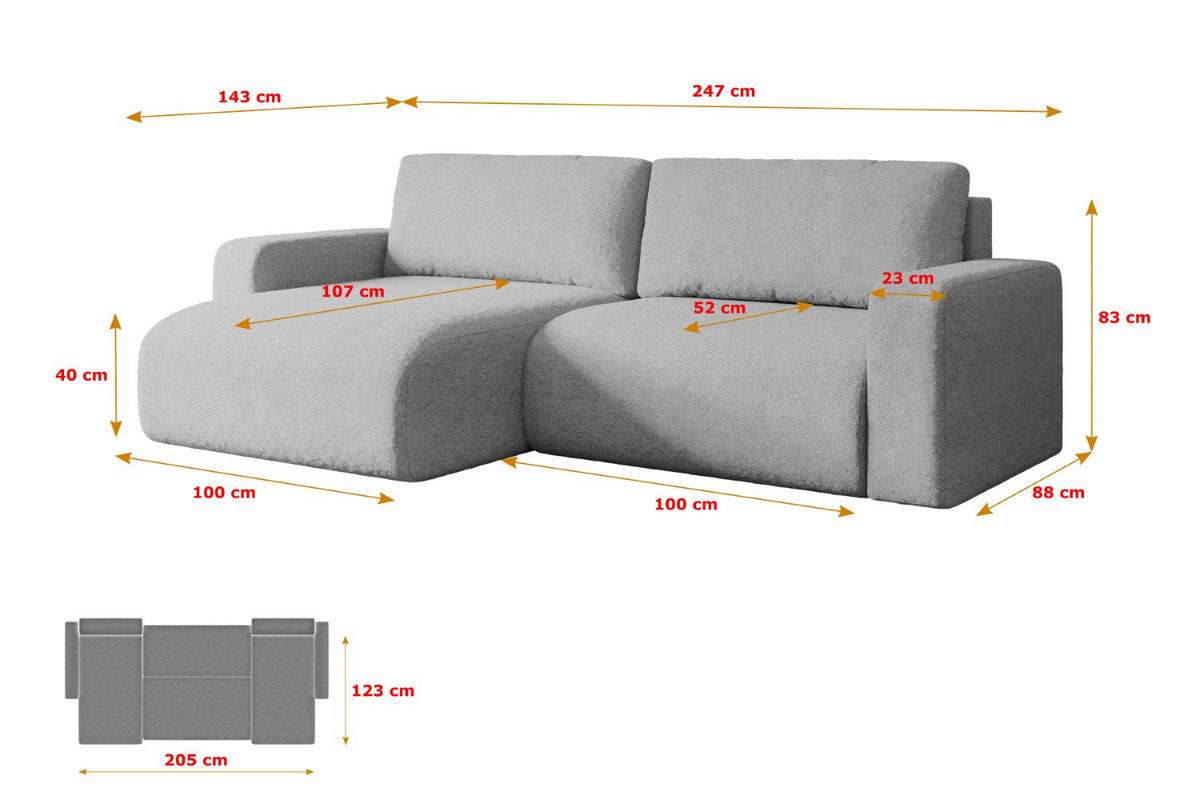 ECKSOFA mit Schlaffunktion und Bettkasten KLEEA-L - 247x143x83 cm Hellgrau Bouclé - Hellgrau/Schwarz, Holzwerkstoff/Kunststoff (247/143cm) - ALTDECOR