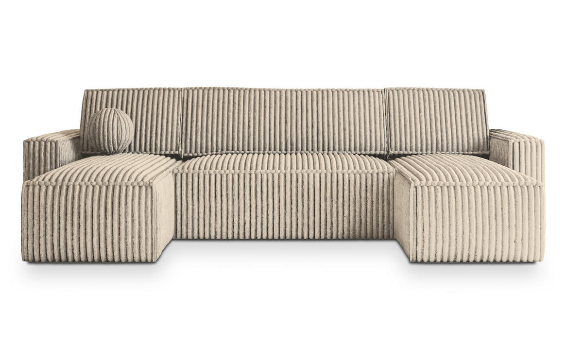 WOHNLANDSCHAFT PESANO T Creme Kordstoff mit Schlaffunktion - Creme, Holz (306/85/140cm) - MASSENO