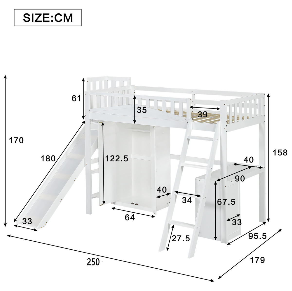HOCHBETT 90/200 cm in Weiß mit Rutsche, Tisch und Kleiderschrank - Weiß, Holzwerkstoff (90/200cm) - BEAOK