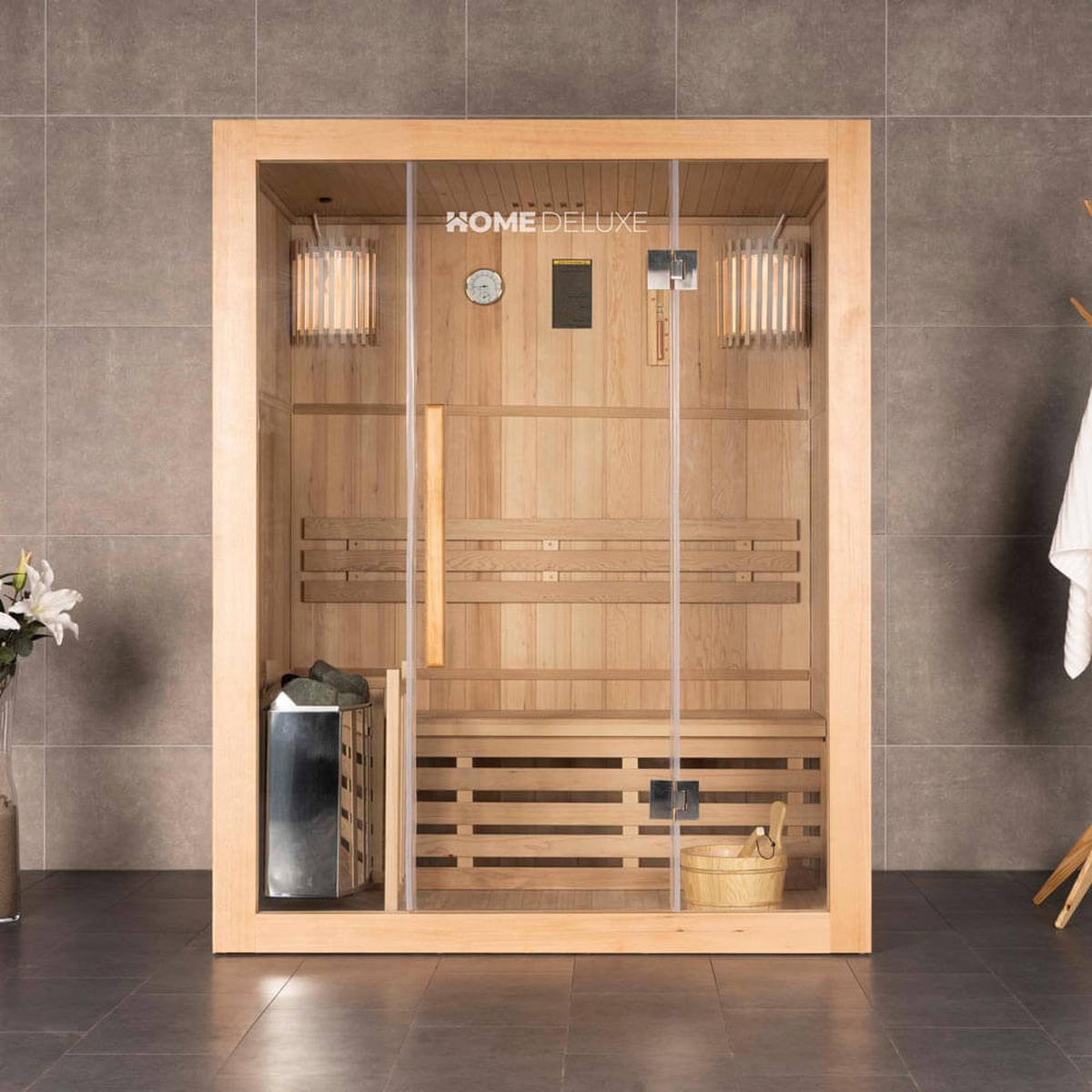 TRADITIONELLE Sauna SKYLINE L - 150 x 120 cm für 3 Personen - Naturfarben, Holz (150/190/120cm) - Home Deluxe