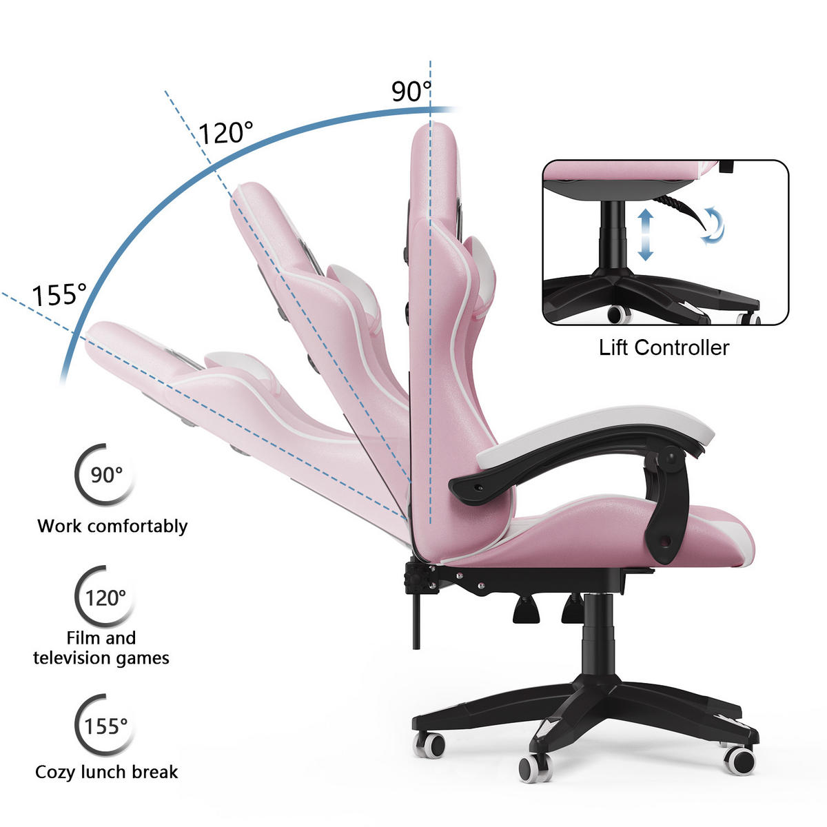 GAMING-STUHL ergonomisch, verstellbare Rückenlehne, Kissen – Rosa/Weiß - Multicolor, Leder (59/120/56cm) - Rattantree