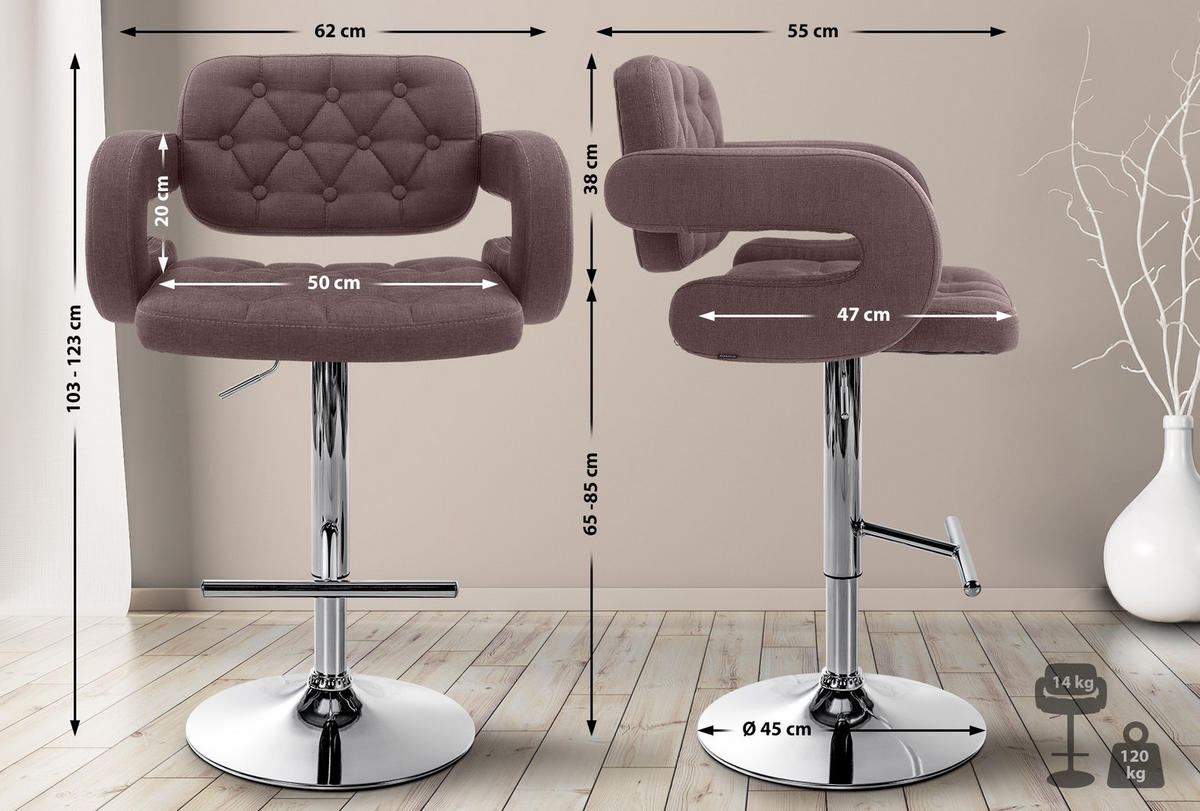 BARHOCKER Stoff braun - Chromfarben/Braun, Textil/Metall (62/103/55cm) - CLP