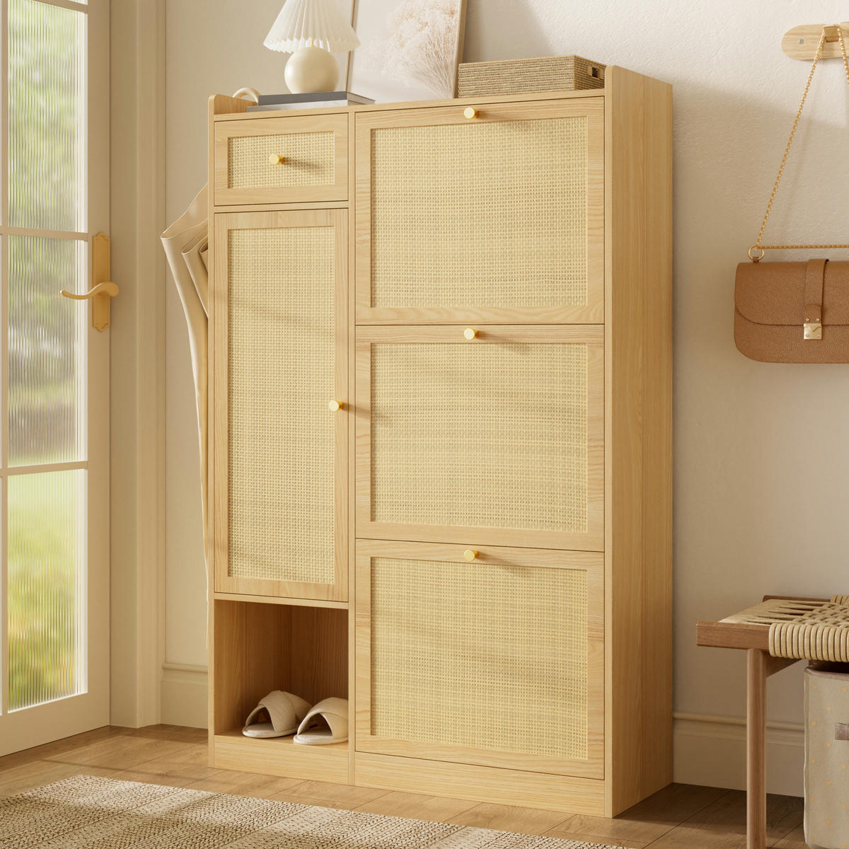 SCHUHSCHRANK 80.5x25x125cm Rattan mit 3 Klappen - Naturfarben, Holzwerkstoff (80.5/125/25cm) - FLIEKS