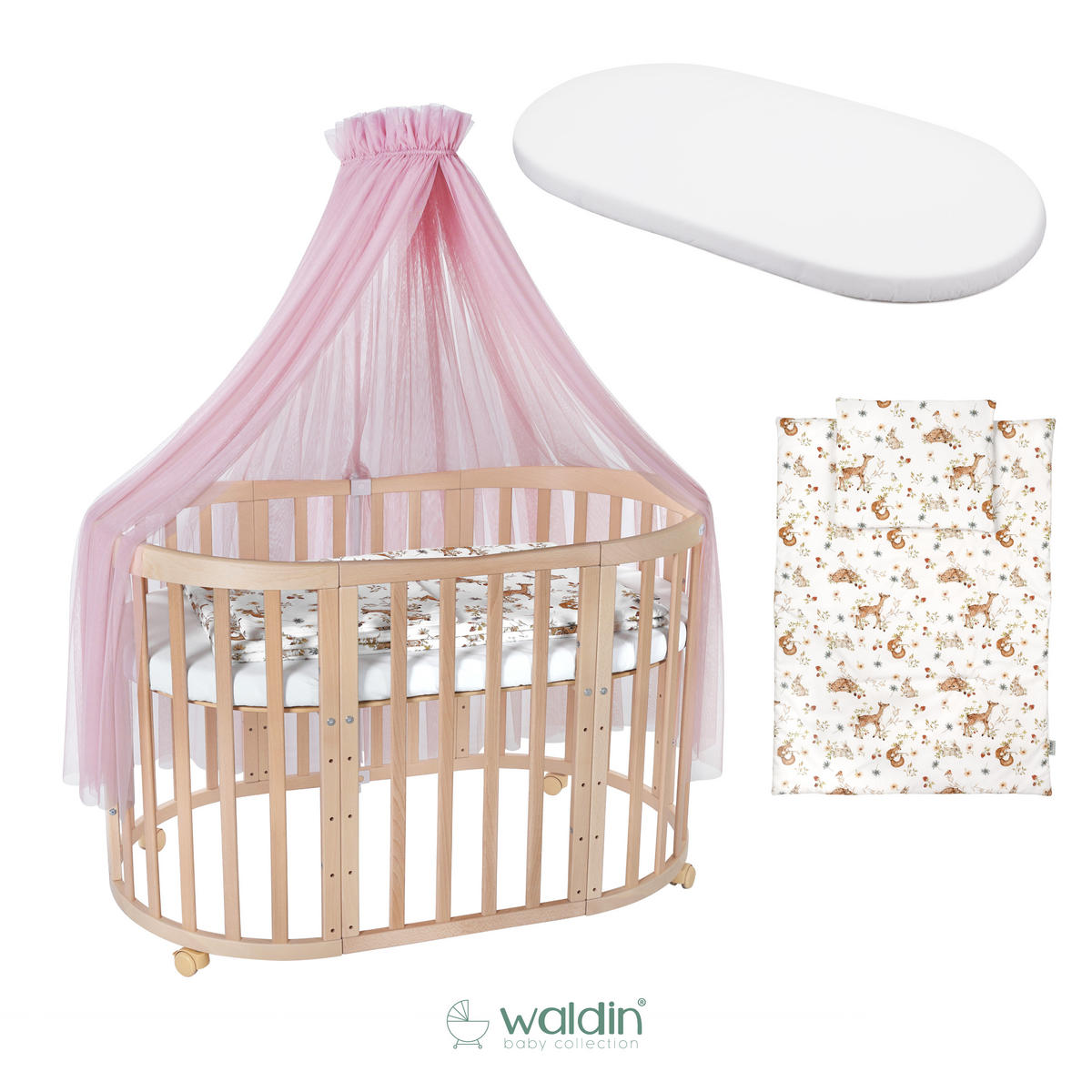 BABYBETT NATUR OVAL 7in1 mit Matratze und Himmelset - Naturfarben/Rosa, Holz/Textil