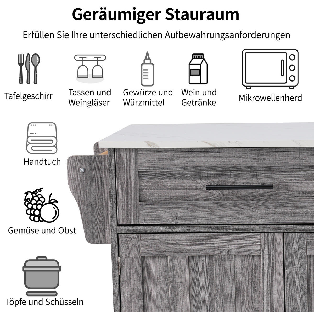 KÜCHENINSEL 129/46(71)/91,5 cm mit klappbarer Tischplatte, Stauraum und 5 Rädern aus MDF, Grau/Weiß - Grau, Holzwerkstoff (129/91.5/71cm) - Redom