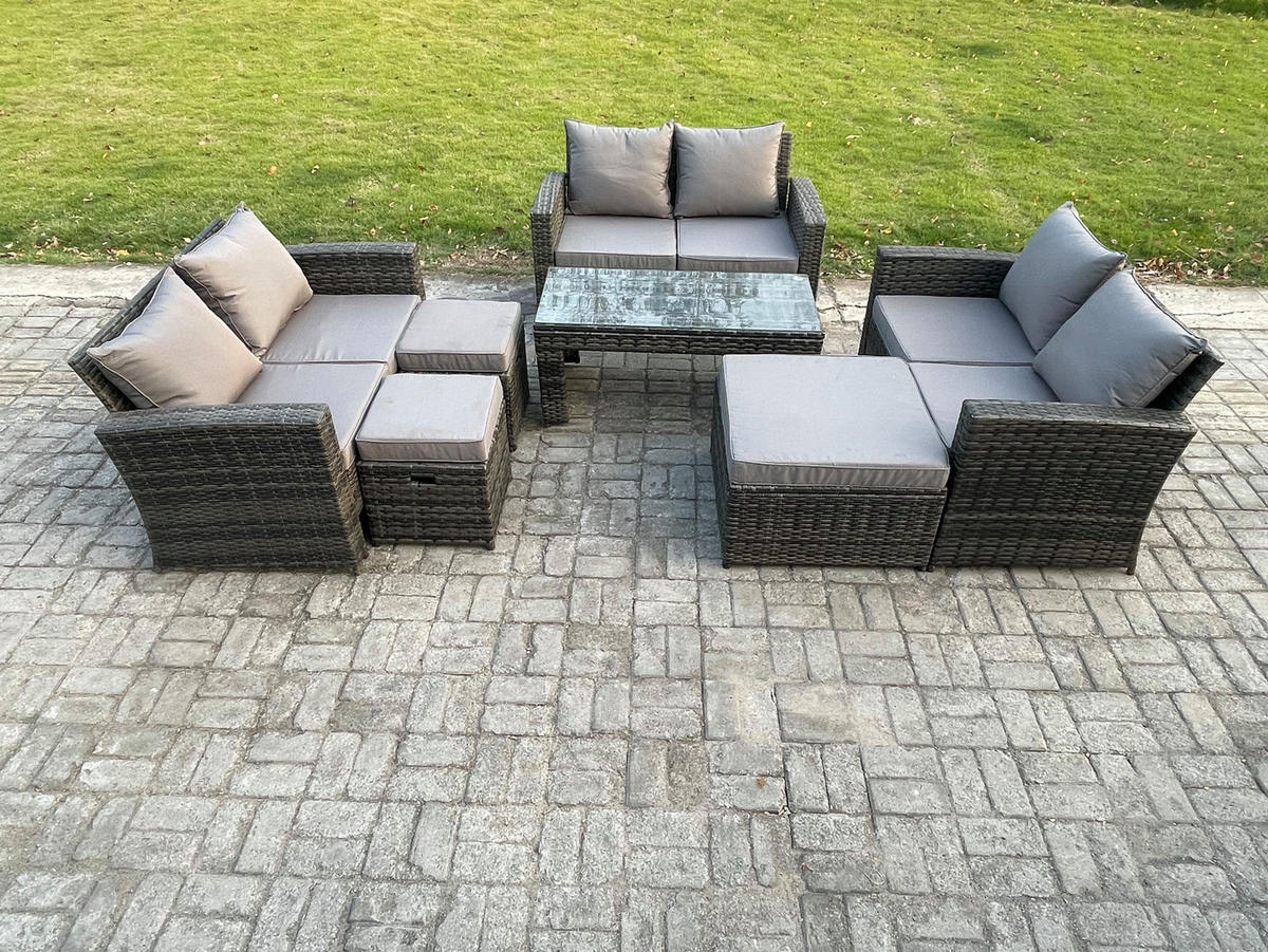 GARTENMÖBEL Set Polyrattan Dunkelgrau 9-Sitzer - Dunkelgrau, Metall - Fimous