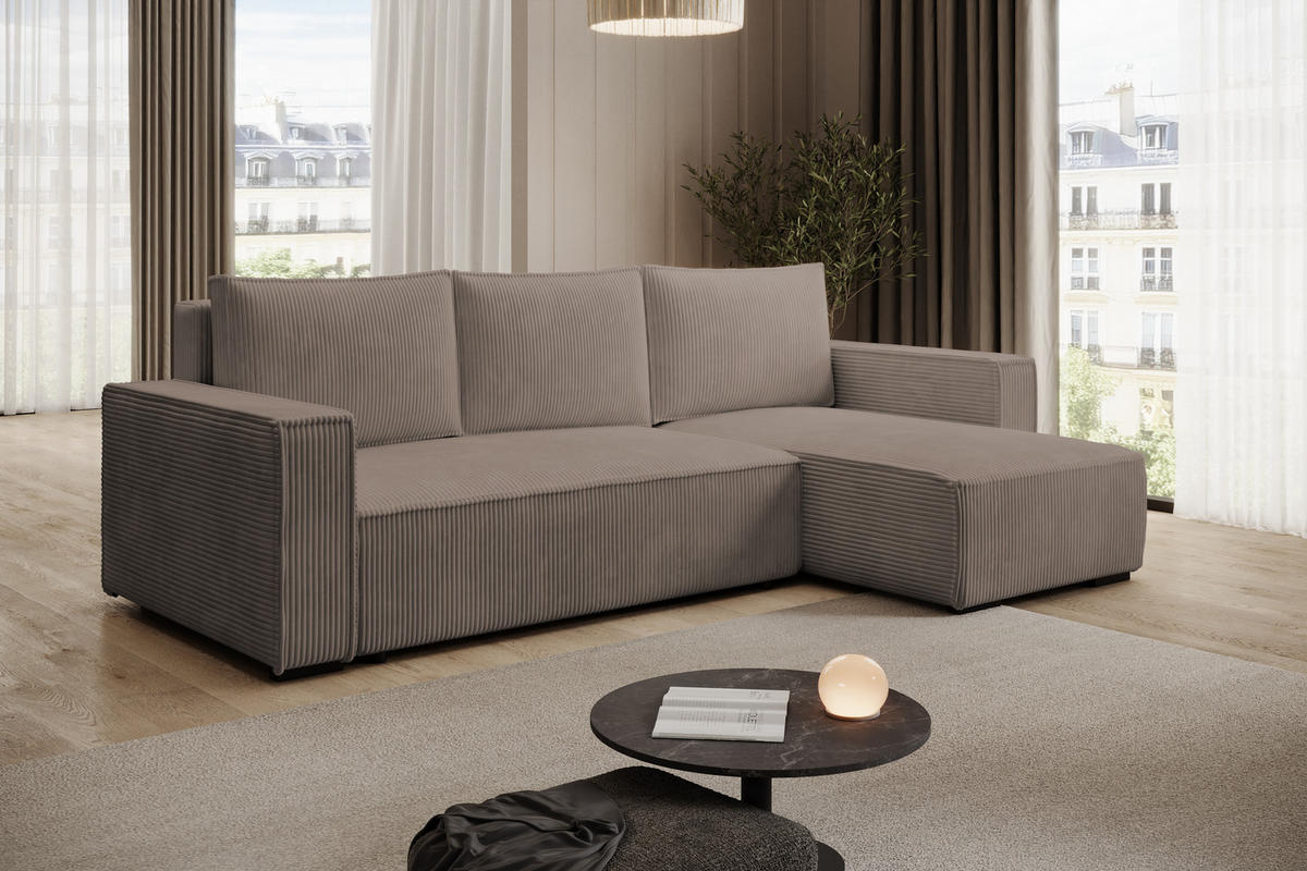 ECKSOFA CUDDY L, Eckcouch in L-Form mit Schlaffunktion und Bettkasten, Farbe: Braun, Cordstoff, Ottomane Rechts - Braun, Textil (240/140cm) - Storez24