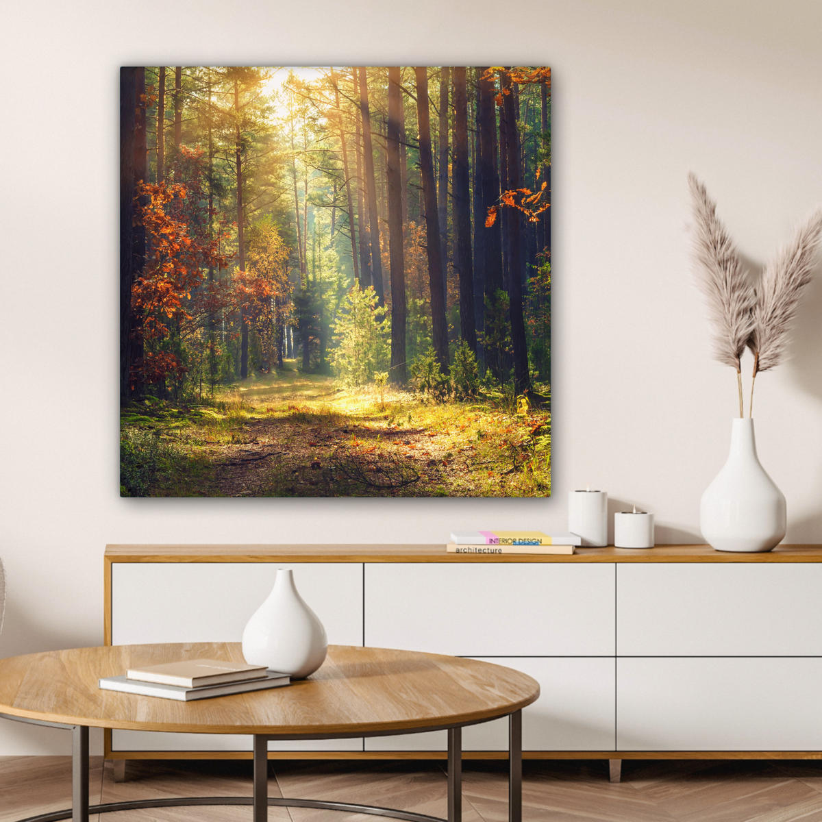 LEINWANDBILD Wald - Herbst - Bäume Deko Groß 90x90 cm - Dunkelgrün, Textil (90/90cm) - MuchoWow