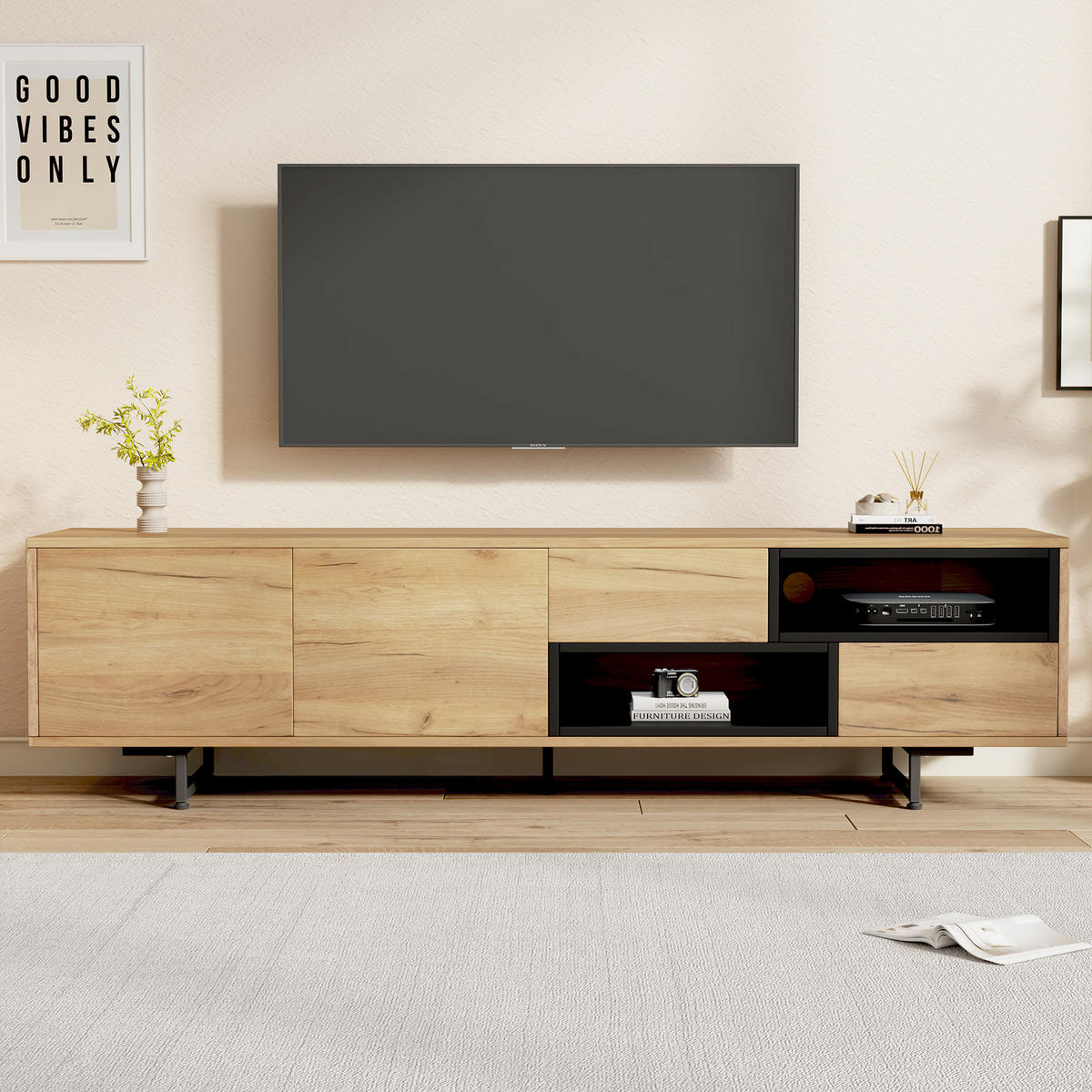 LOWBOARD 173/38/48 cm Holzoptik mit 2 Türen & Schubladen Spanplatte Metallfüße modern Wohnzimmer - Schwarz/Naturfarben, Holzwerkstoff/Metall (173/48/38cm) - EVRYAE