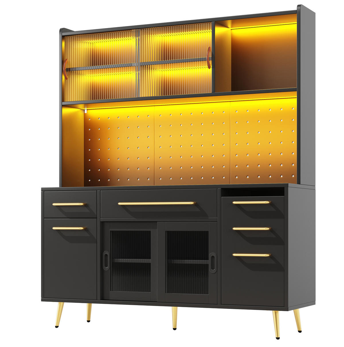 SIDEBOARD 145/39/171 cm schwarz aus MDF mit LED-Beleuchtung - Schwarz, Holzwerkstoff (145/171/39cm) - OKWISH