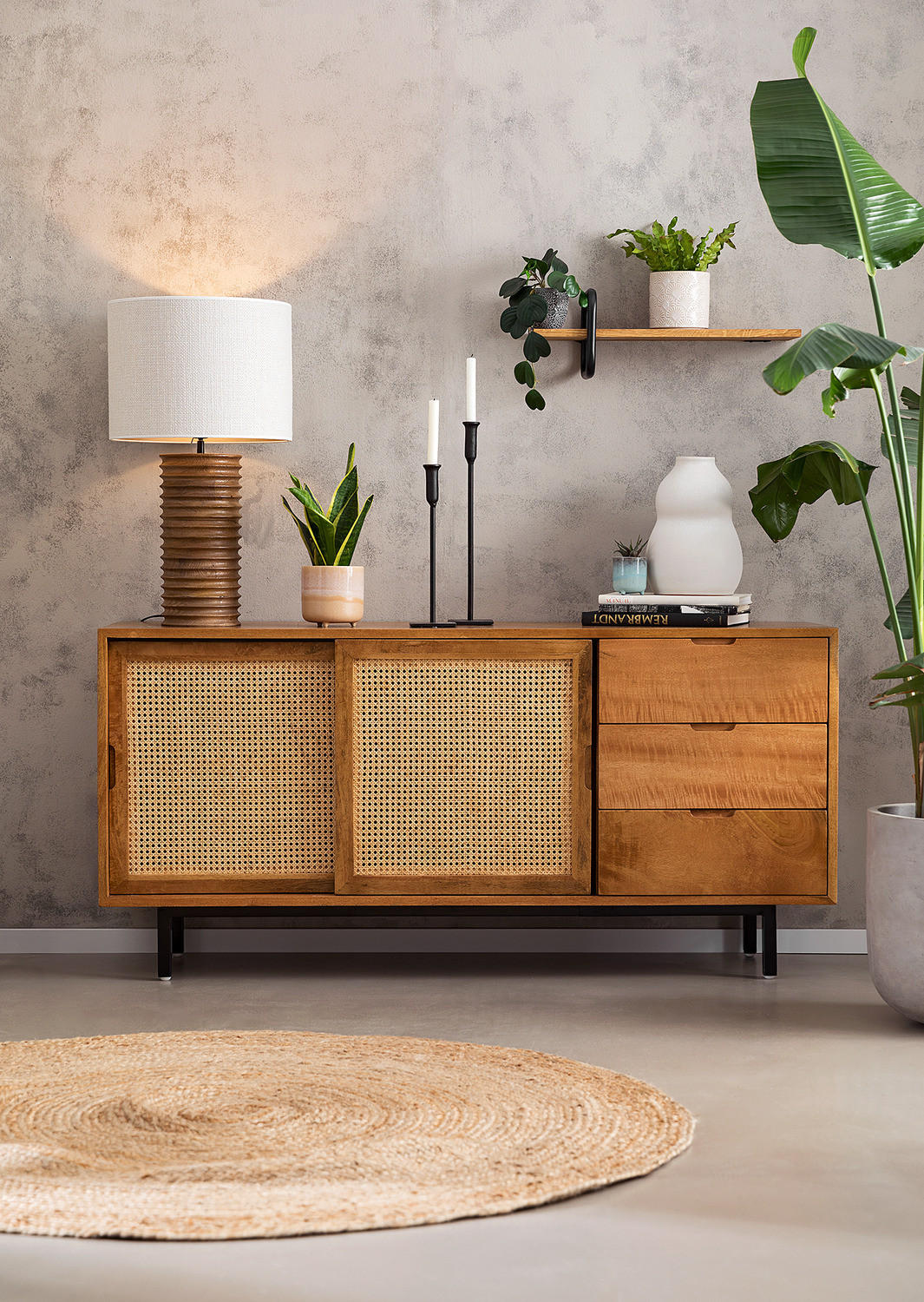 SIDEBOARD - Mango massiv / Wiener Geflecht - Beige/Schwarz, Holz (160/76/43cm) - home24