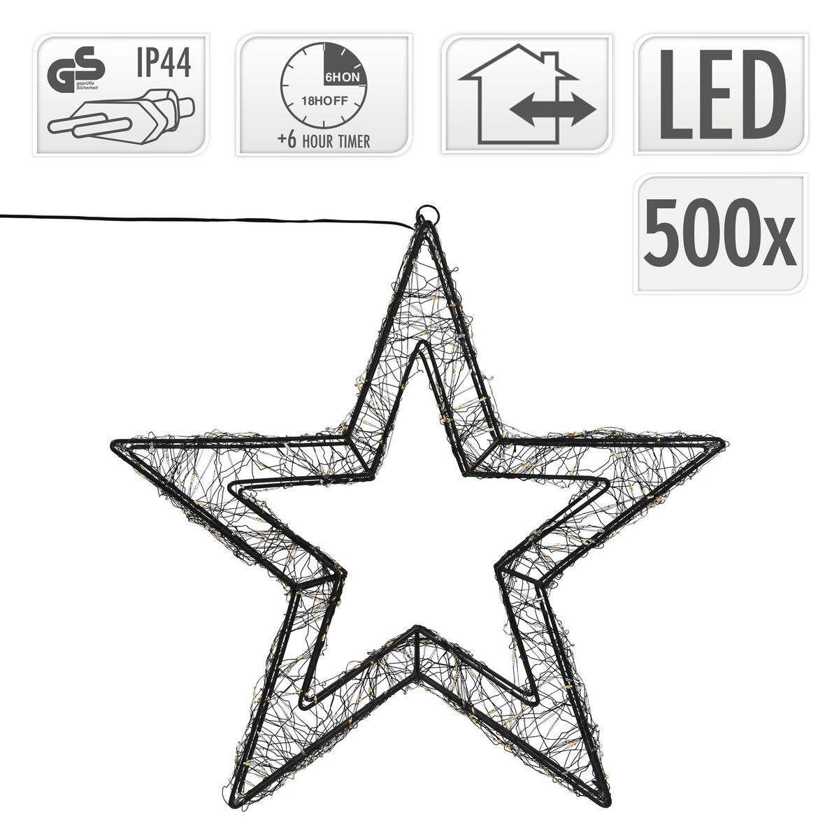 LED-WEIHNACHTSSTERN 38 cm 500 LEDs Extra-Warmweiß mit Timer aus Metall - Schwarz, Metall (38/38/8cm) - ECD-Germany