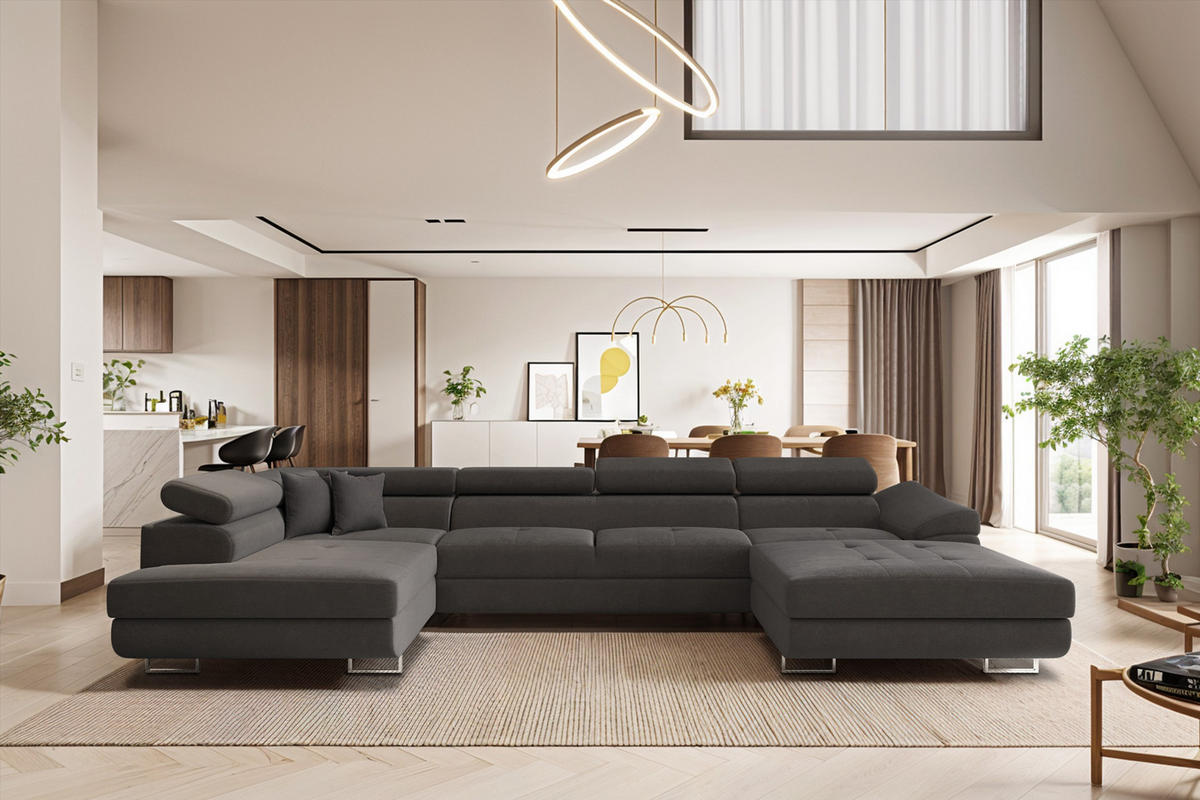 ECKSOFA Falio II U-förmiges Mit Schlaffunktion Und Verstellbaren Kopfstützen Graphit Links - Graphitfarben, Holz/Textil (202/345cm) - Kaiser Möbel