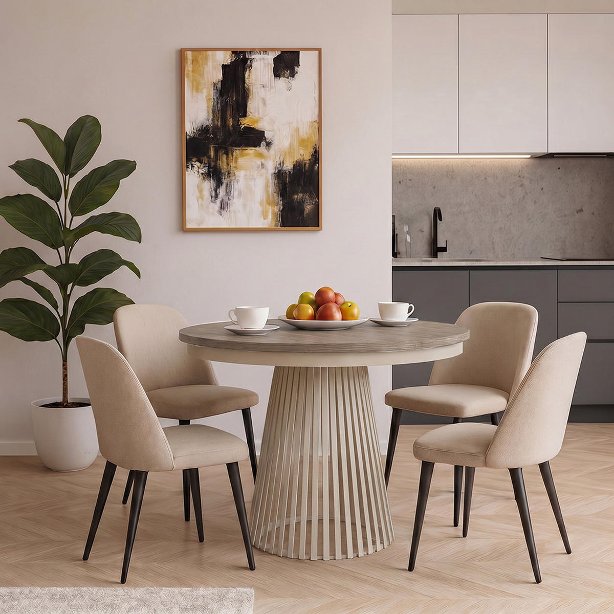ESSTISCH Lumi, Runder, ausziehbar auf 180 cm, mit Metallbeinen, Walnussfarben+Kaschmir - Kaschmir/Walnussfarben, Metall (100/100/77cm) - Beautysofa
