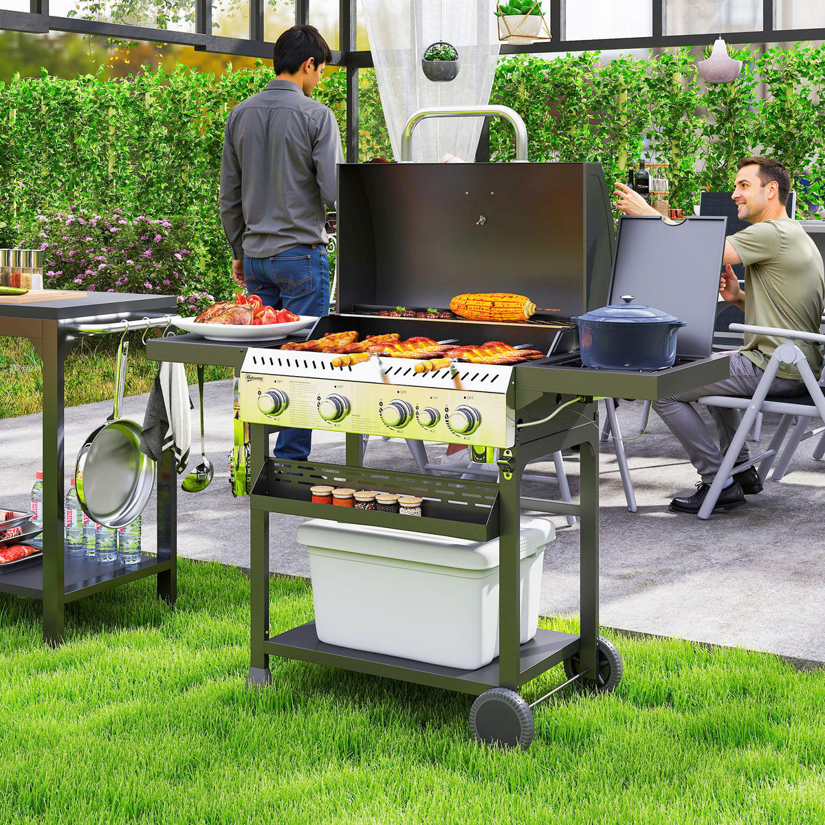 GASGRILL DE-10049 4 Hauptbrenner + Seitenkocher Schwarz - Schwarz, Metall (55/103/135cm) - ComfortXL