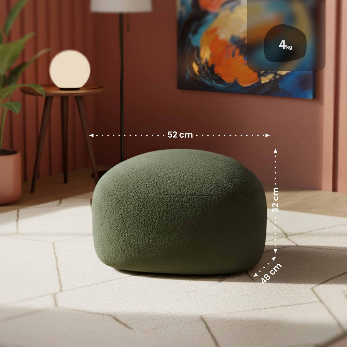 HOCKER oval 52/48/32 cm Stoff Dunkelgrün - Dunkelgrün, Holz/Textil (52/32/48cm) - CLP