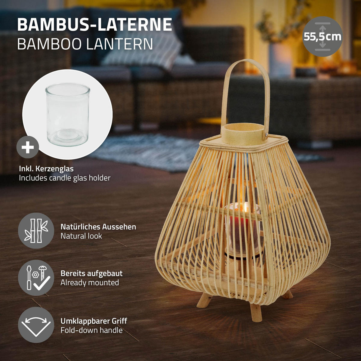 BAMBUSOVÁ LAMPION V: 55,5 cm, barva dřeva, styl boho - přírodní, dřevo (29/55.5/29cm)