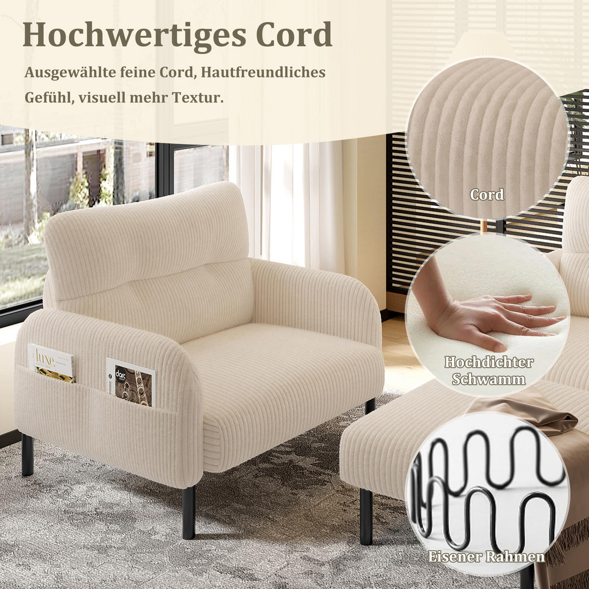 SOFA Set, 2-Sitzer+Sessel+Hocker, Cord, Beige - Beige/Schwarz, Textil/Metall (120/79/75cm) - LVHOM