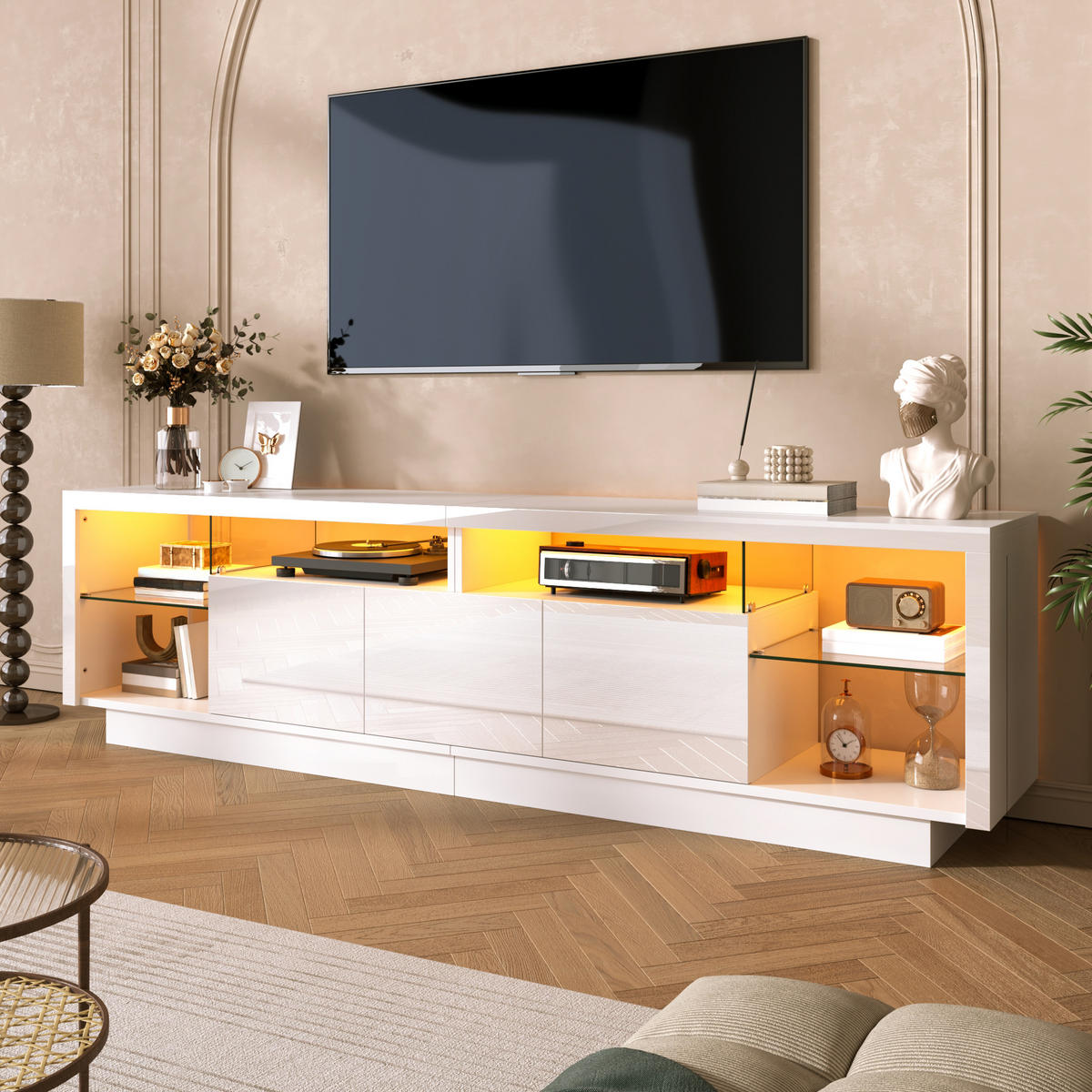 TV-SCHRANK Hochglanz 3 Türen Glasfächer LED App - Weiß, Holzwerkstoff (200/55/38cm) - FLIEKS