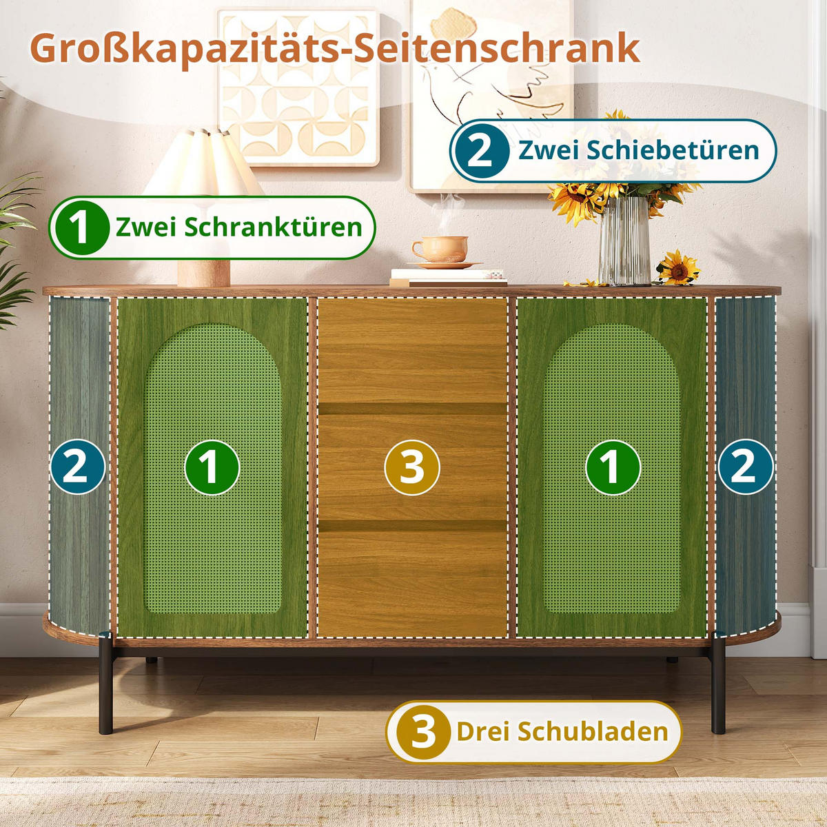 SIDEBOARD in Holzoptik Ovaler Aufbewahrungsschrank mit verstellbare Einlegeböden und Schiebetüren, B140/T38/H77,5(cm) - Schwarz/Braun, Holzwerkstoff/Metall (140/77.5/38cm) - STILVORA