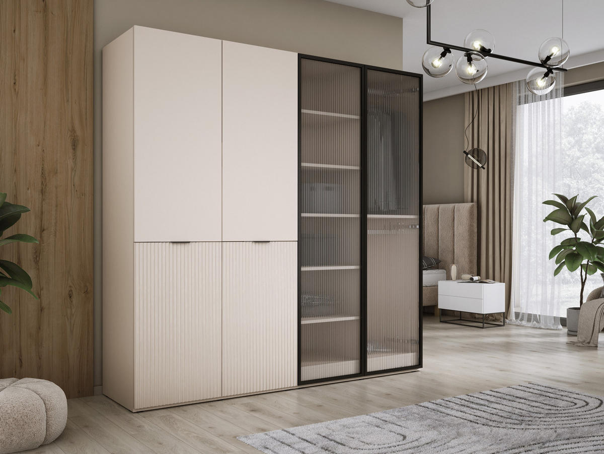 KLEIDERSCHRANK, Sandbeige / Gerilltes Glas / Sandbeige, 200 x 200 x 51 cm - Sandfarben/Naturfarben, Holzwerkstoff (200/200/51cm) - 3XE LIVING