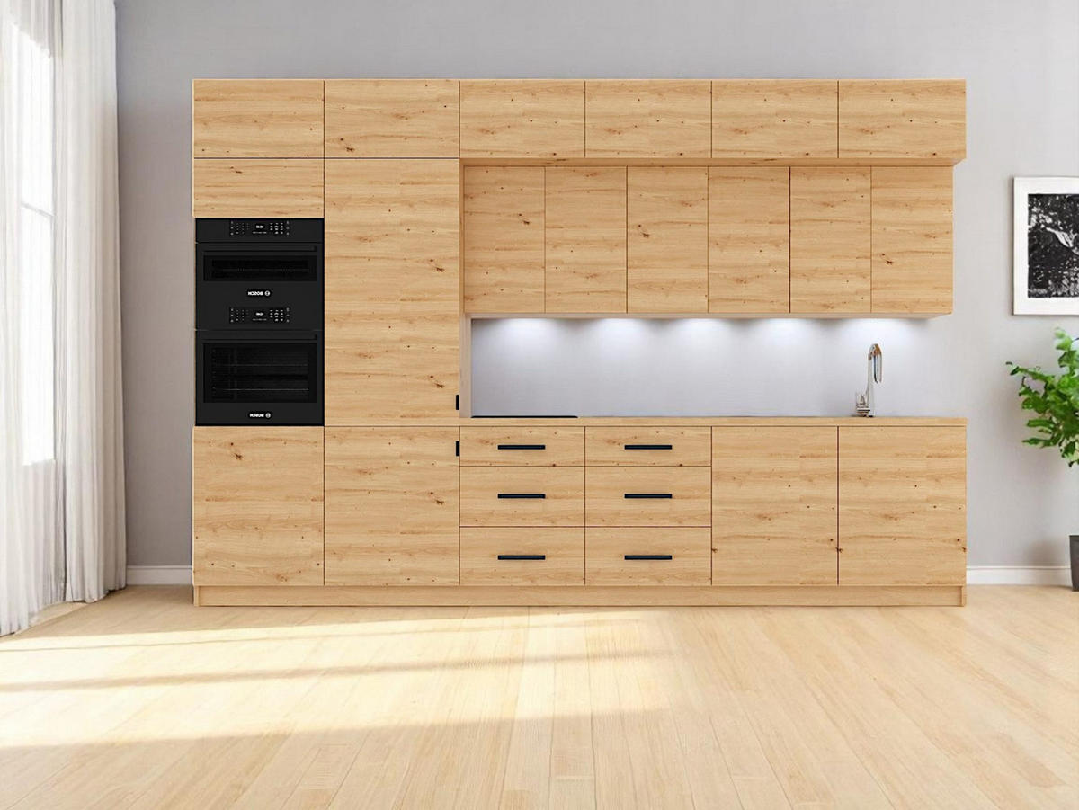 KÜCHENZEILE 360 cm - Langen K72-M360 in Artisan Eiche - Schwarz/Eiche Artisan, Holz/Metall (360/248/58cm)