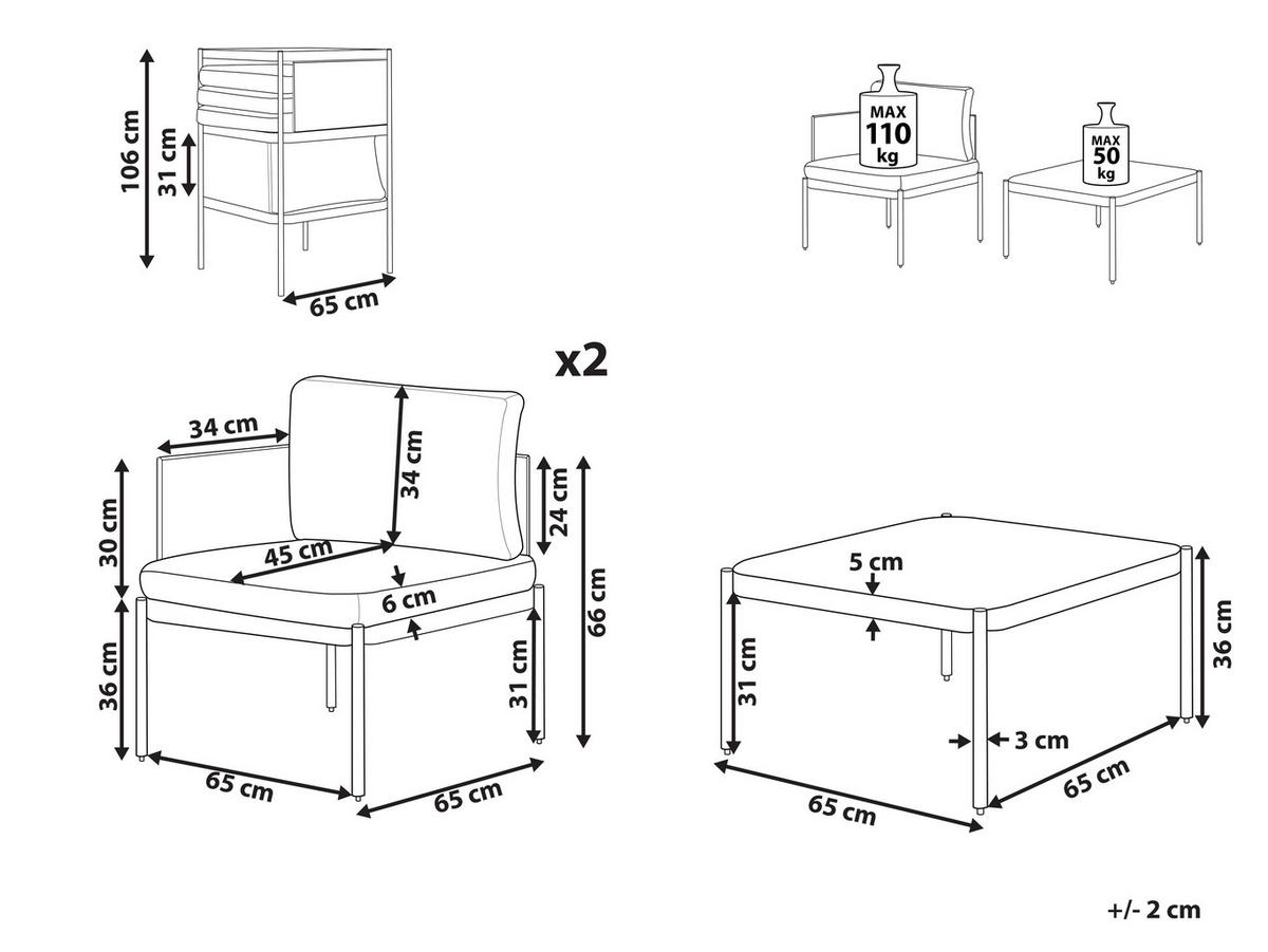 LOUNGE SET 2-Sitzer modular Grau Terracina - Grau, Metall - Beliani