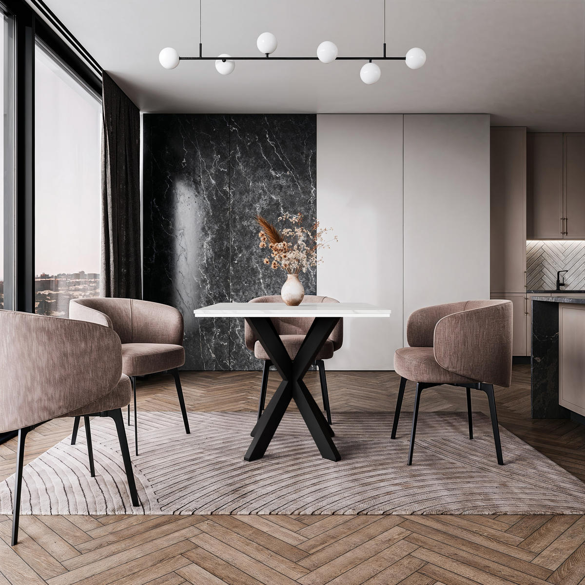 ESSTISCH 90 cm Weißen Marmor-Optik - Weiß Hochglanz, Metall (90/90/77cm) - Home Collective