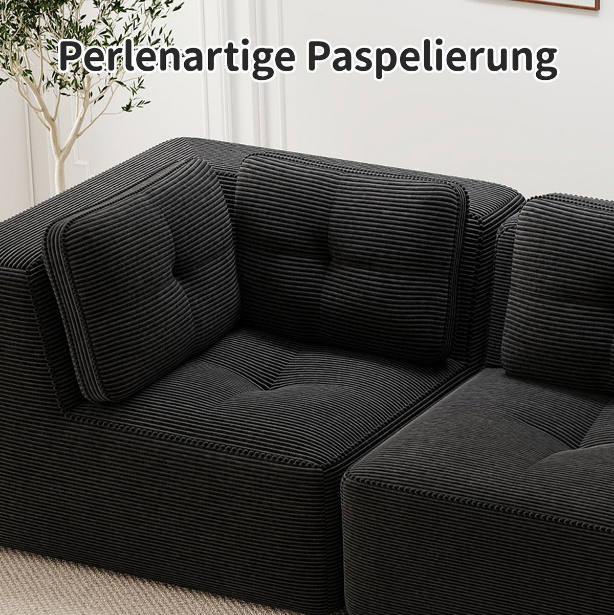 ECKSOFA 208/177/69 cm schwarz aus Cord mit modularem Design und beweglichem Hocker - Schwarz, Textil (177/208cm) - OKWISH